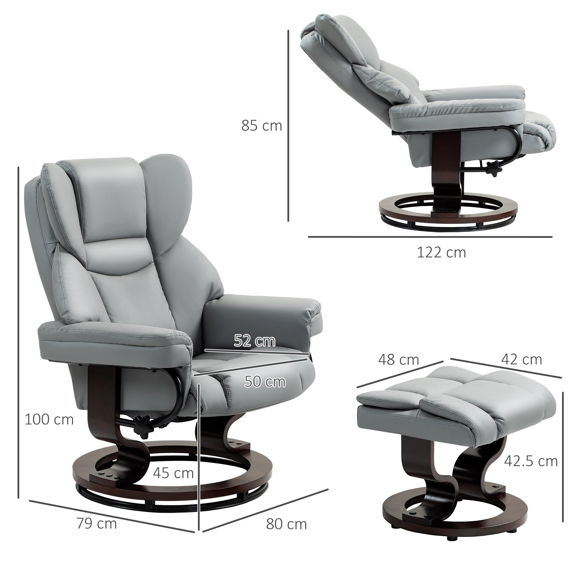 HOMCOM Faux Leather Recliner Chair and Footstool, Swivel Upholstered Armchair and Footstool with Adjustable Backrest, Solid Wood Base for Living Room, Light Grey - North Peak Garden Furniture