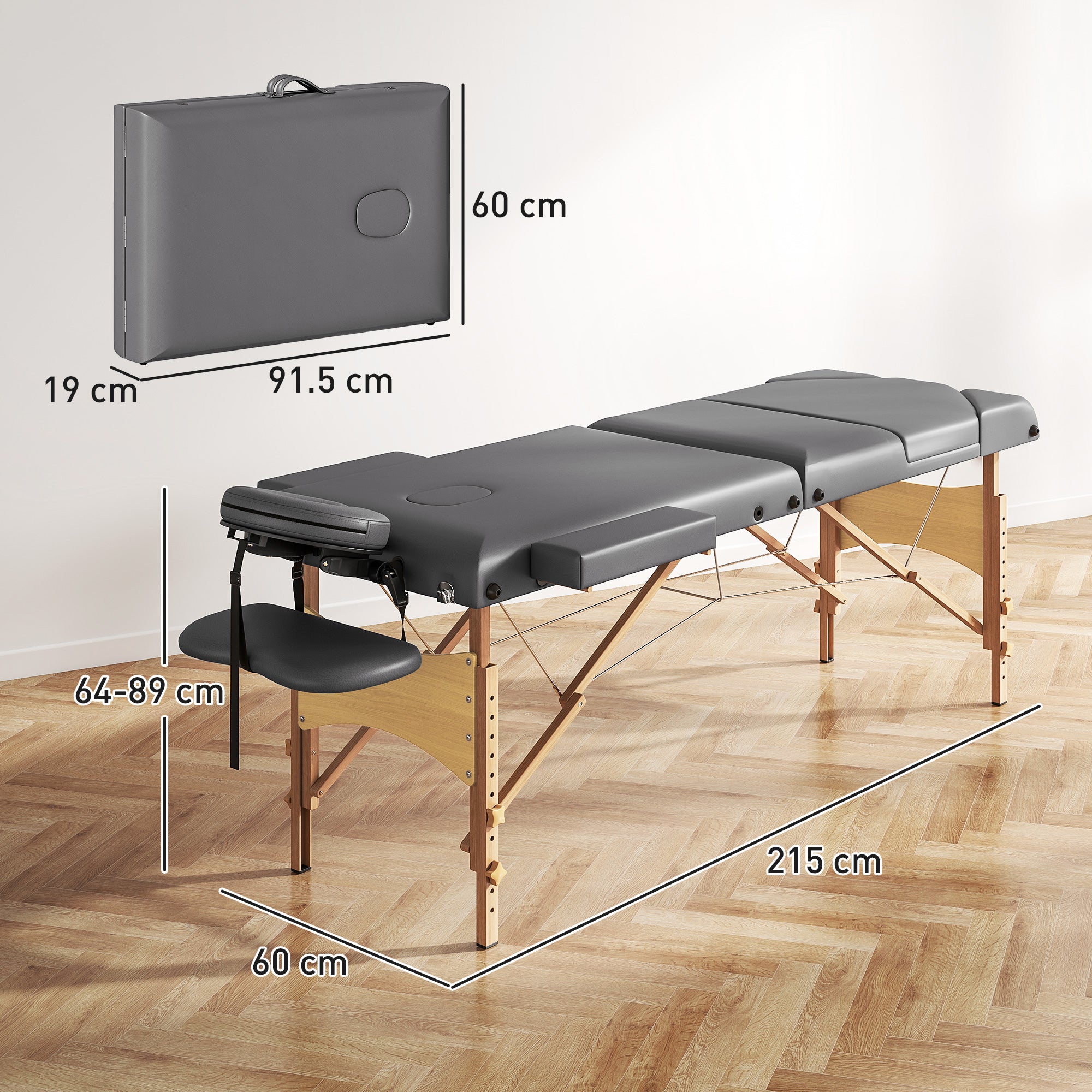 HOMCOM Foldable Massage Table with Beech Wood Legs - Grey
