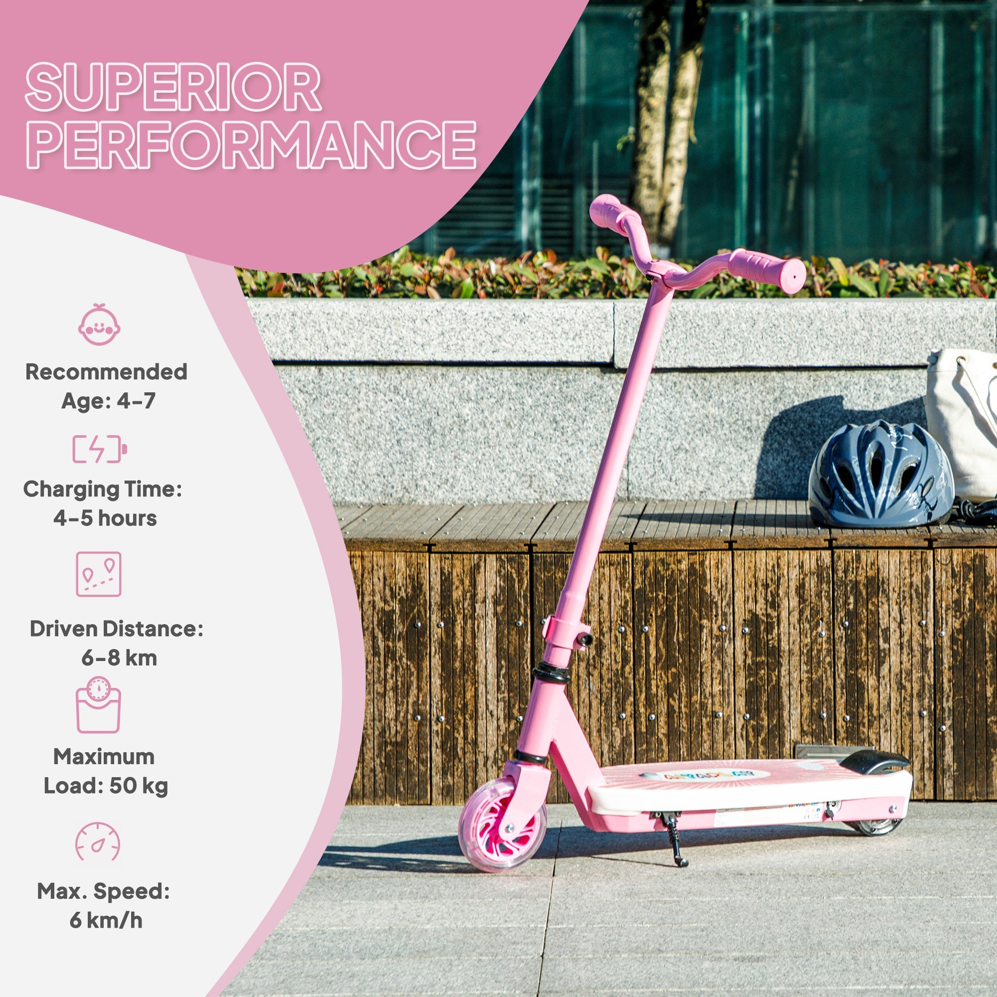 AIYAPLAY Electric Scooter for Kids Ages 4-7, with Auxiliary Rear Wheels, Flashing LED Light and Electric Brake, Kids Electric Scooter for Boys Girls, 6 KM/H & 8 KM, Pink - North Peak Garden Furniture