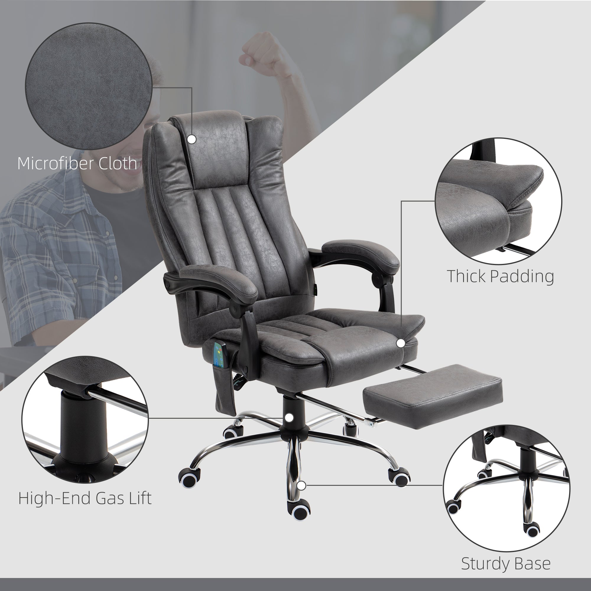 Vinsetto Six-Point Massage Chair, with Heat and Footrest - Dark Grey - North Peak Garden Furniture
