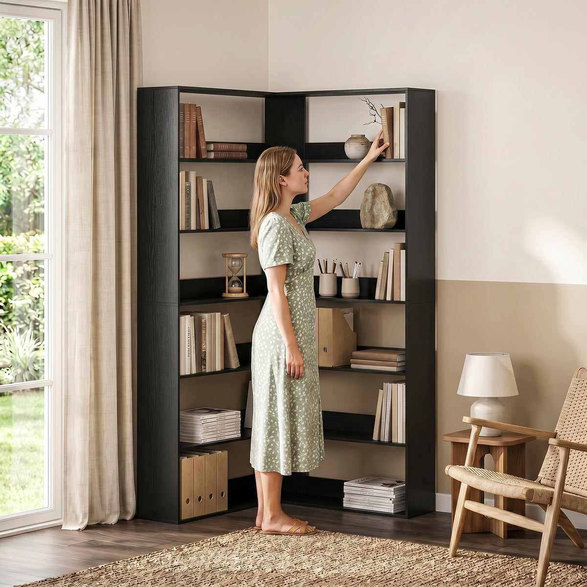 HOMCOM 7 Tiers Bookshelf, L-Shaped Corner Bookcase with Anti-Slip Rear Guard, Black Wood Effect