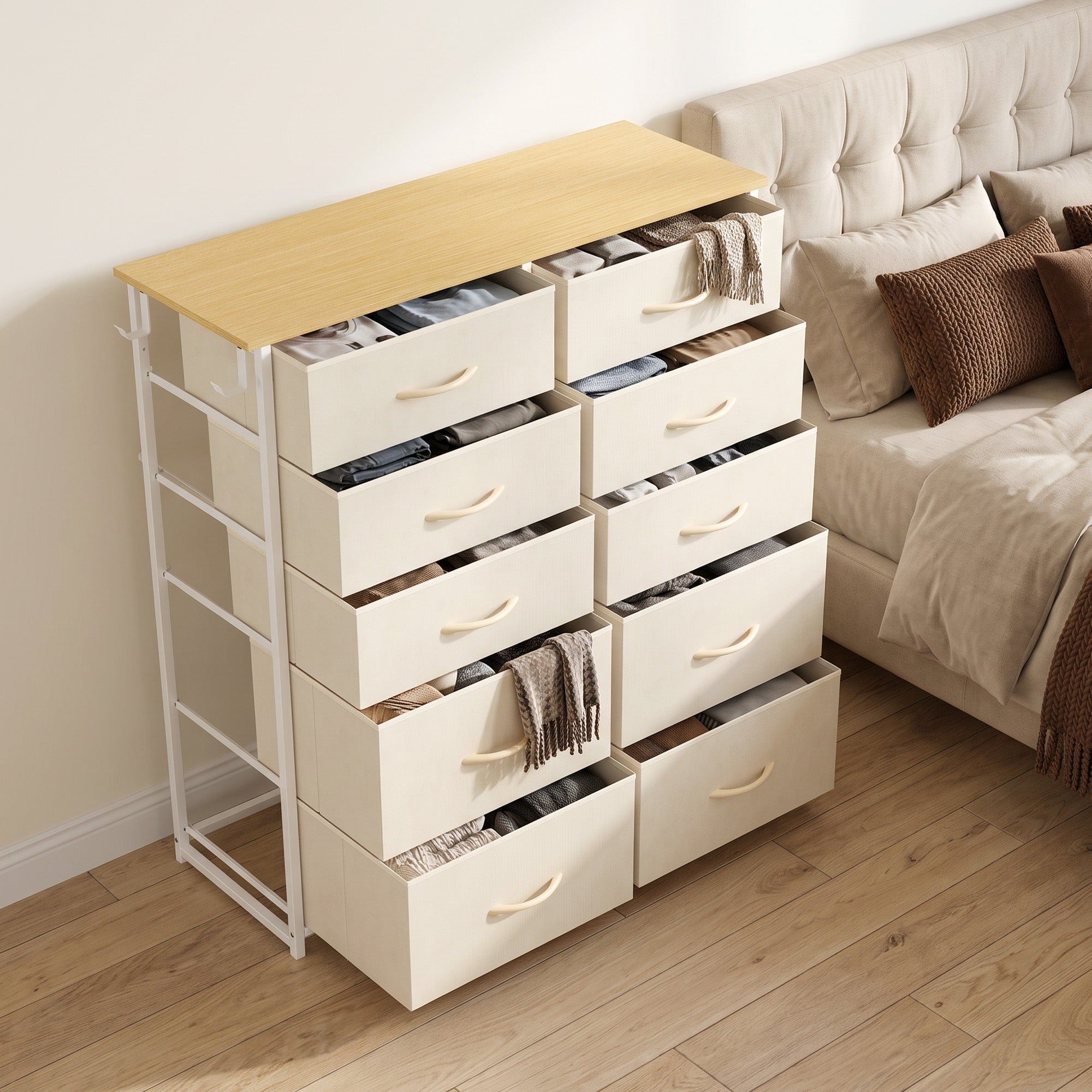 HOMCOM Chest of Drawers, Dresser with 10 Fabric Drawers, Tall Storage Unit with 4 Pockets and 2 Hooks Steel Frame, Beige