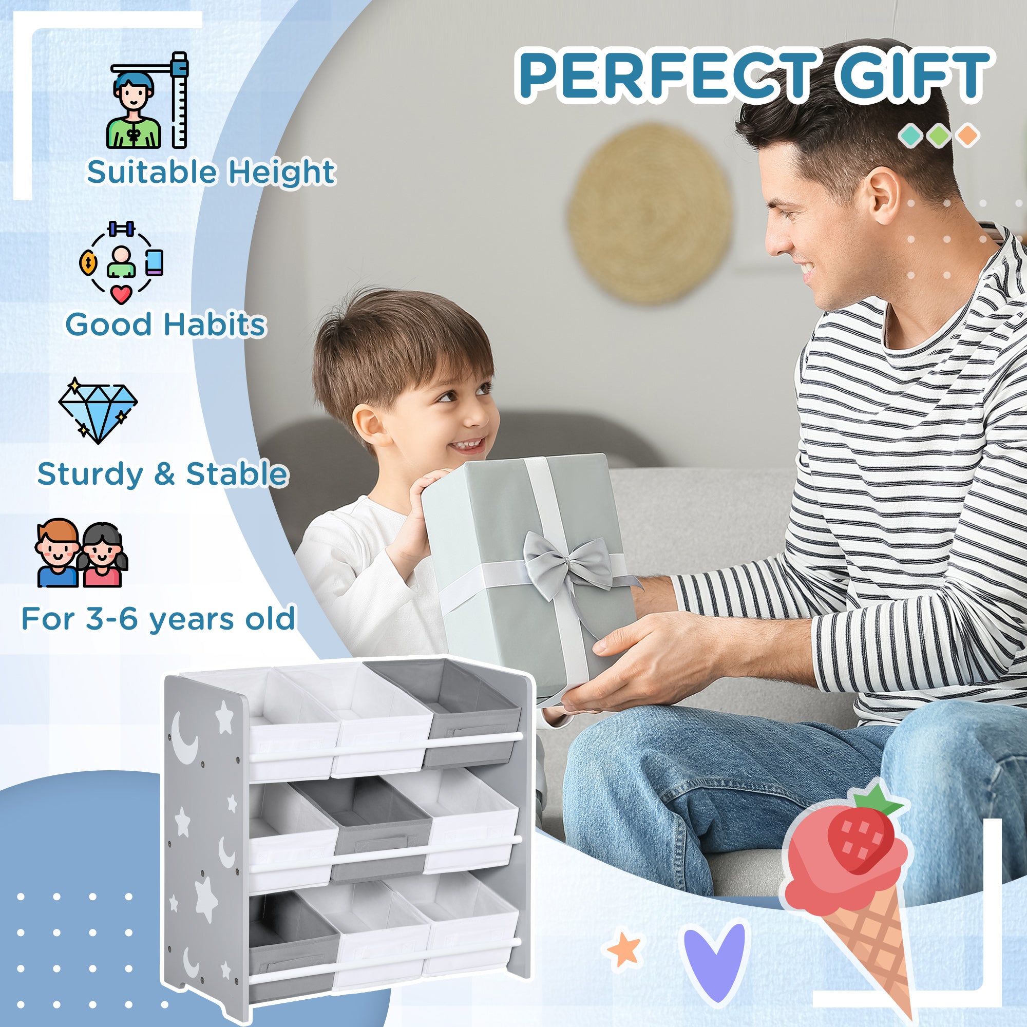 ZONEKIZ Kids Storage Rack, with Nine Removable Baskets, for Nursery, Bedroom, Playroom - Grey - North Peak Garden Furniture