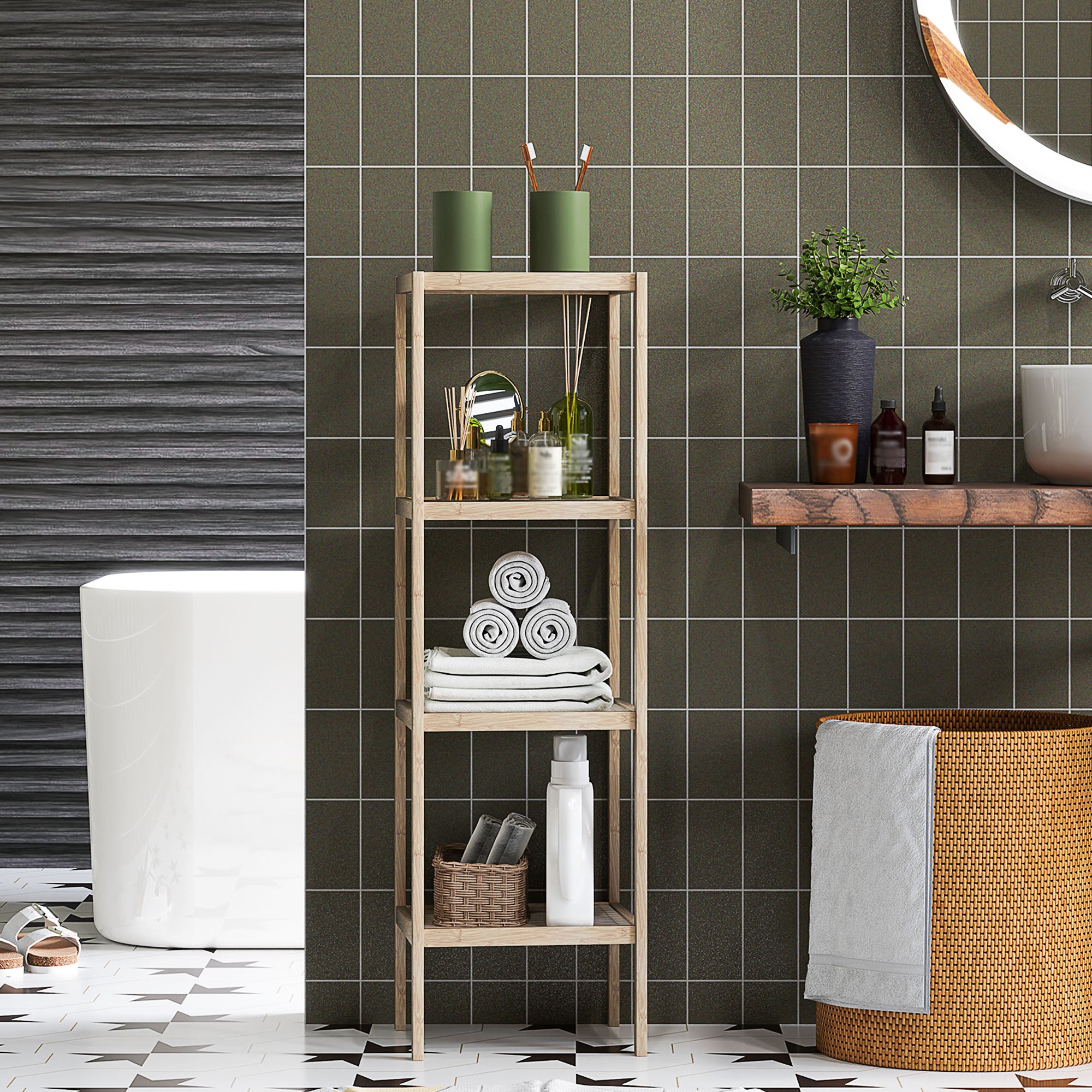 HOMCOM 4-Tier Bamboo Bathroom Storage Shelves, Freestanding Storage Shelving Unit, Multifunctional Display Plants Stand Shelf Rack Organiser, Natural - North Peak Garden Furniture