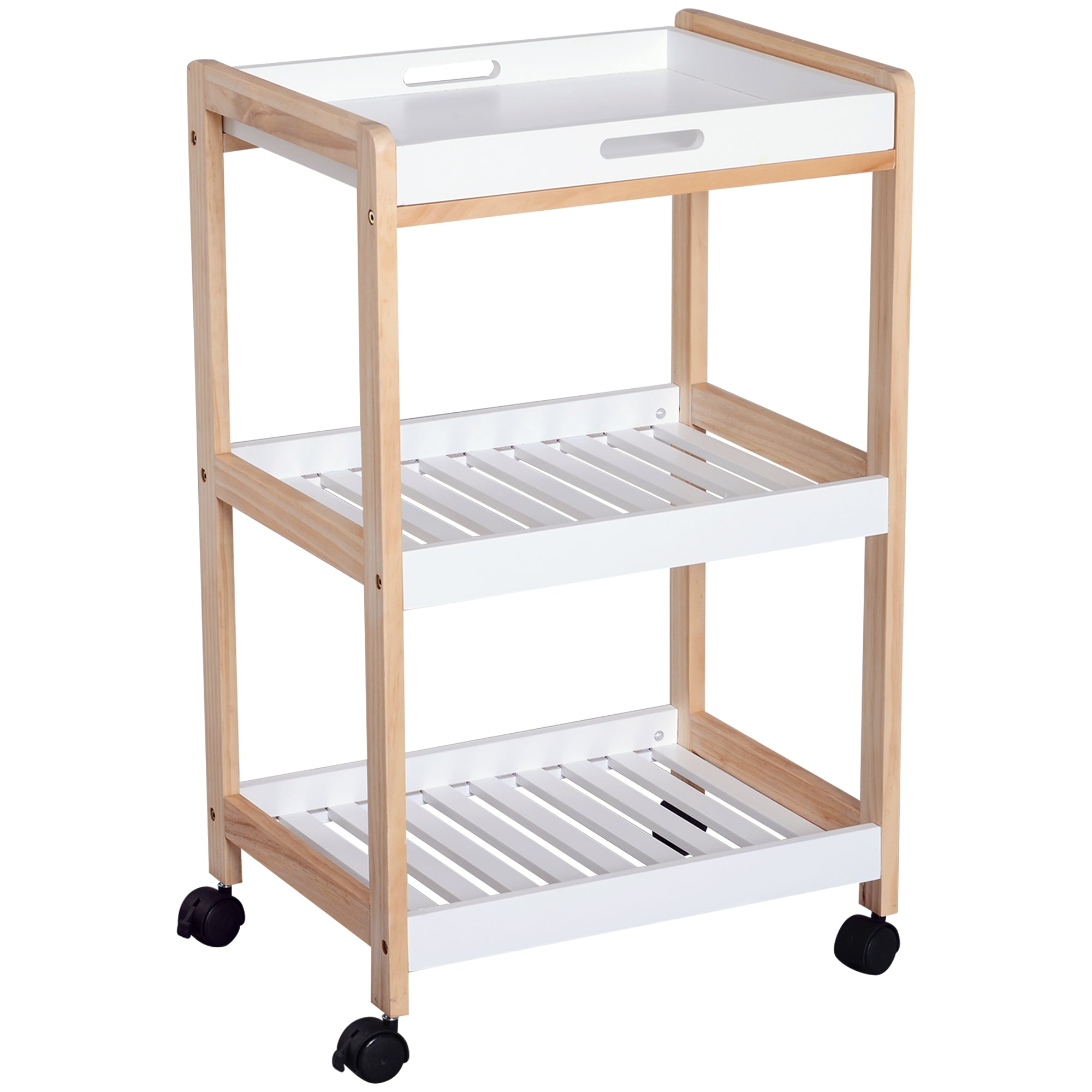 HOMCOM 3-Tier Mobile Kitchen Trolley Cart Storage Shelves Rack Rolling Wheels White 46 x 35 x 74.5 cm - North Peak Garden Furniture