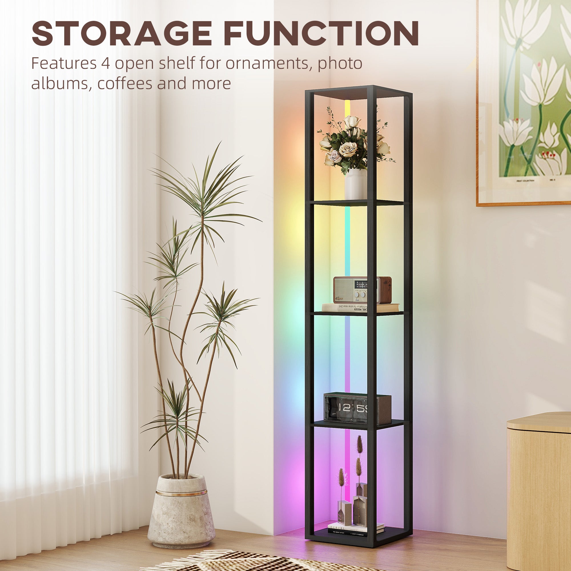 HOMCOM RGB LED Floor Lamp with Shelves, Modern Dimmable Standing Lamp with Remote Control, Adjustable Brightness & Speed for Living Room, Bedroom, Office, Black