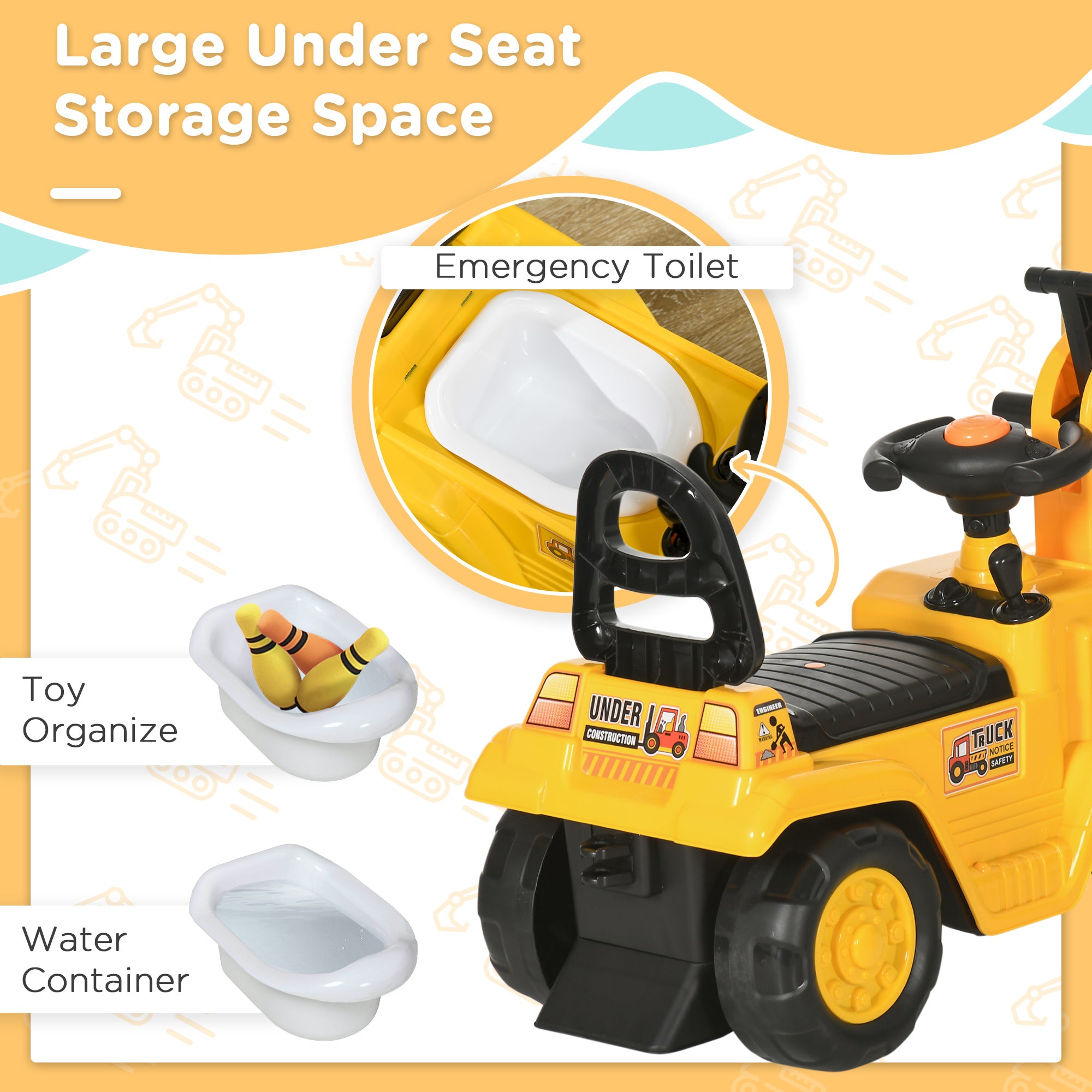 HOMCOM 2 in 1 Kids Ride On Tractor Pull Cart with Bucket, Under Seat Storage, Horn, High Backrest, for 1.5-4 Years Old, Yellow - North Peak Garden Furniture