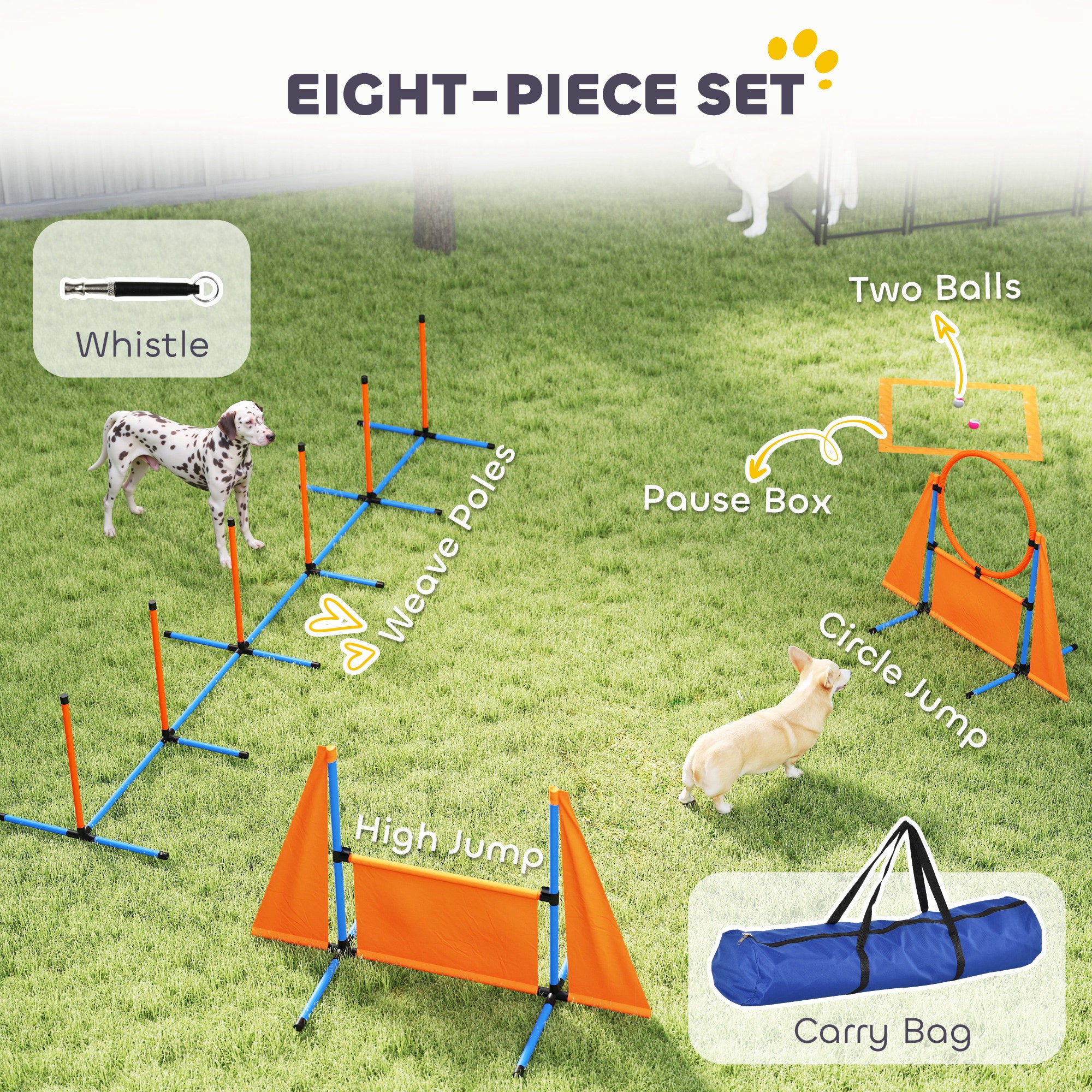 PawHut 6 Pieces Dog Agility Equipment Set with Weave Poles, Jump Ring and Hurdle, Pause Box and Carry Bag, Orange - North Peak Garden Furniture