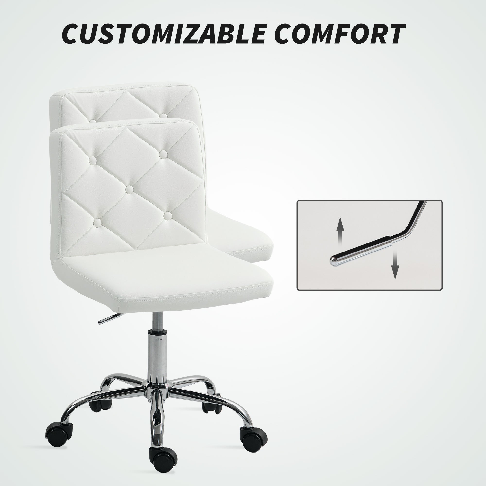 HOMCOM PU Leather Armless Office Chair, Modern Vanity Computer Swivel Chair with Rolling Wheels and Adjustable Height for Home Study, Bedroom, White - North Peak Garden Furniture