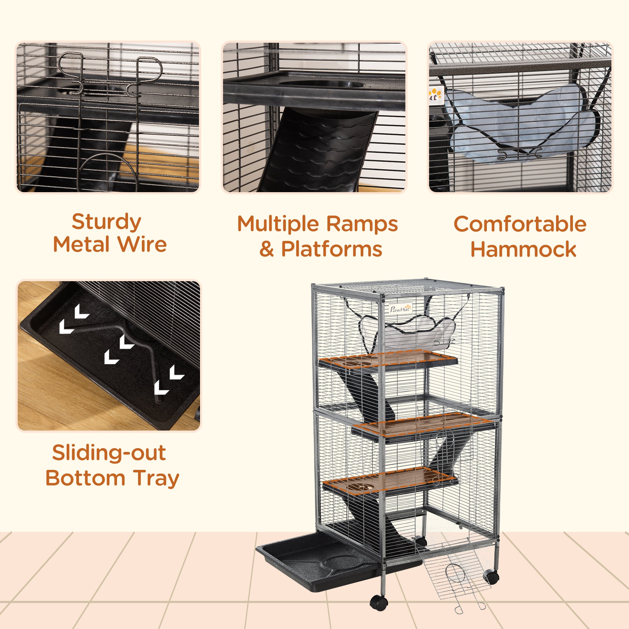 PawHut Small Animal Cage with Wheels Pet Home for Chinchillas Ferrets Kittens, with Hammock, 4 Platforms, Removable Tray, Silver - North Peak Garden Furniture