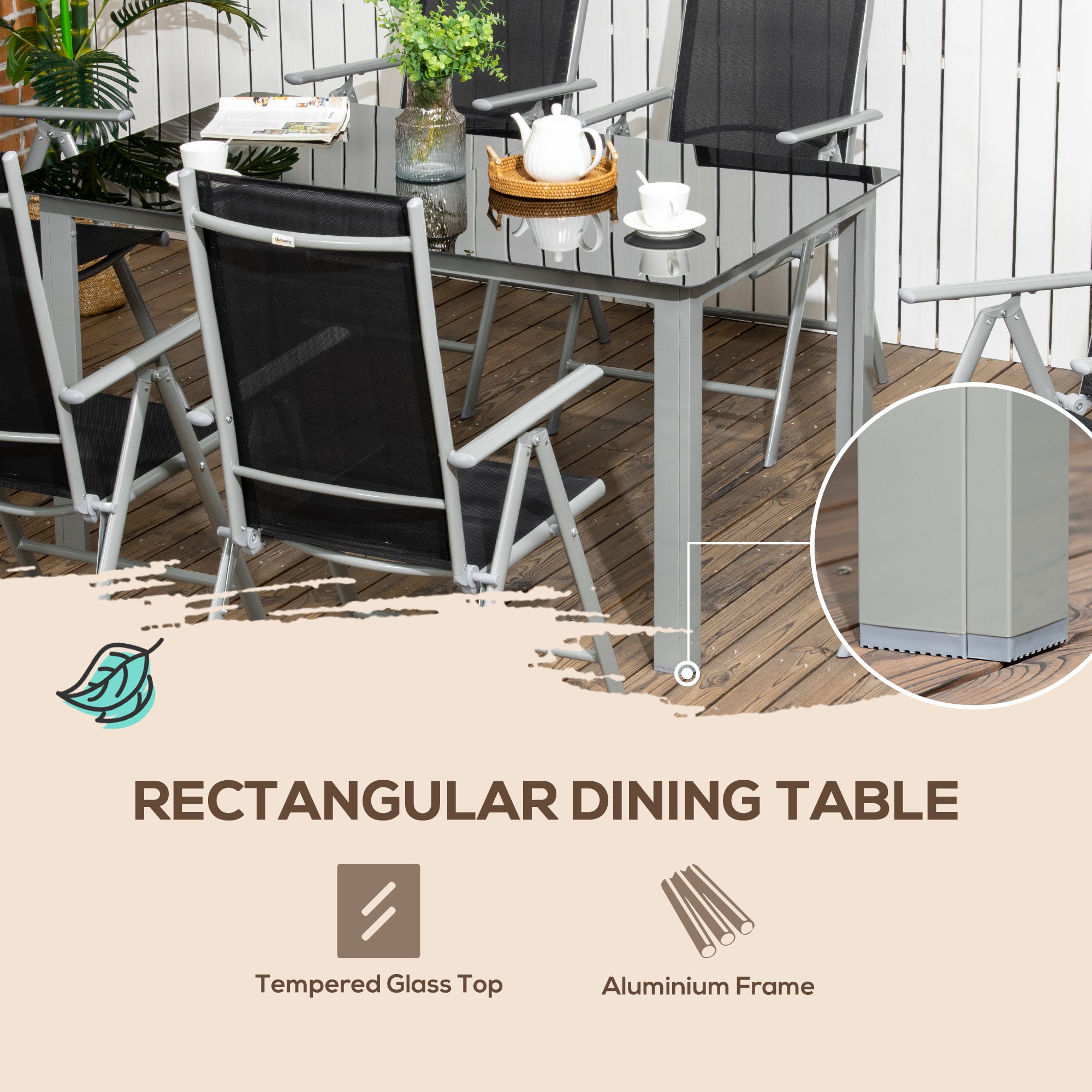Outsunny 7 Piece Garden Dining Set, Outdoor Table and 6 Folding and Reclining Chairs, Aluminium Frame, Tempered Glass Top Table, Texteline Seats, Black - North Peak Garden Furniture