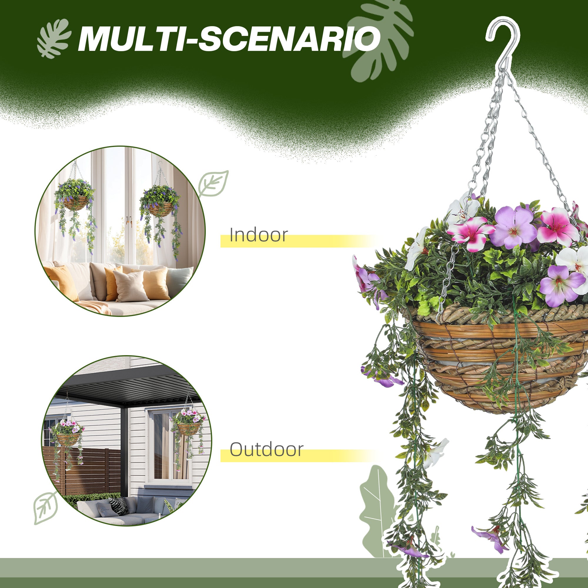 HOMCOM Set of 2 Decorative Artificial Plants, Faux Silk Azalea Flowers in Hanging Baskets, Fake Plants for Home Indoor Outdoor Decor, Pink and White - North Peak Garden Furniture