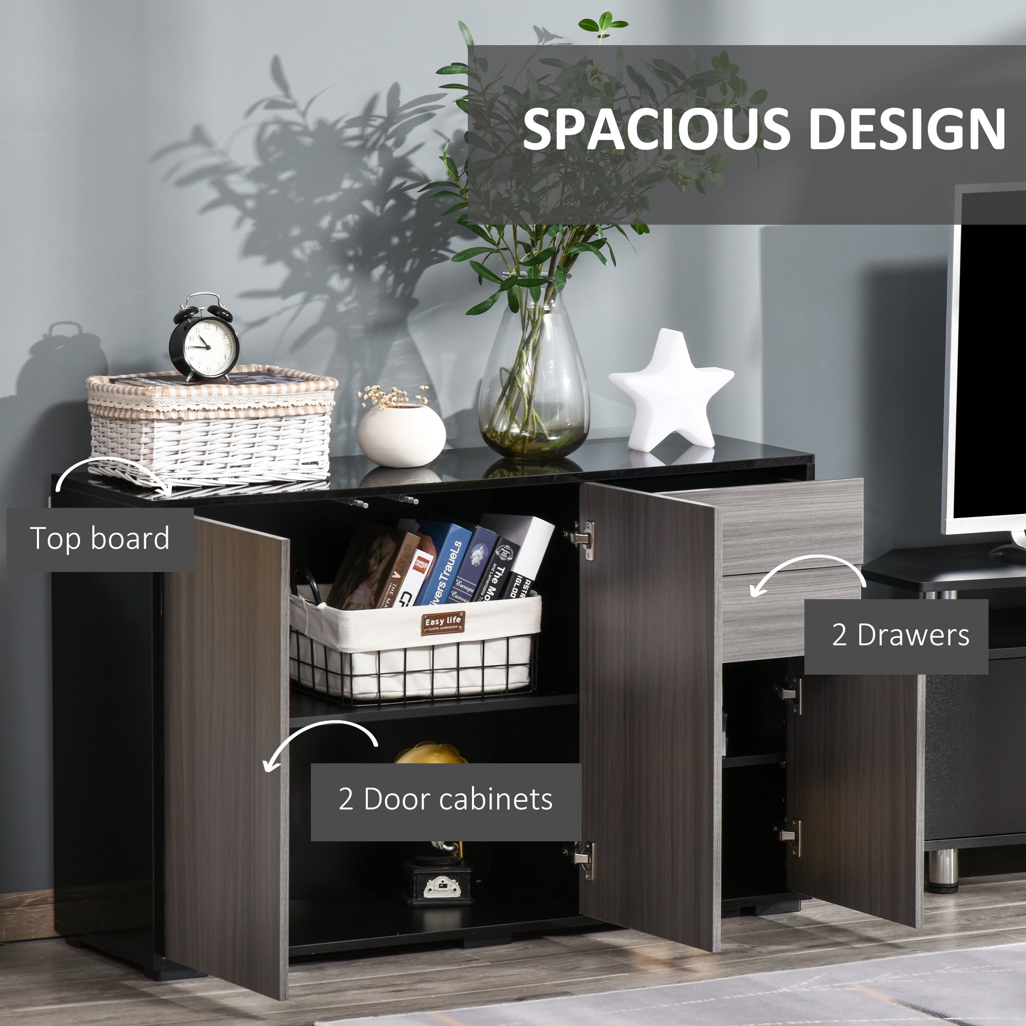 HOMCOM High Gloss Frame Sideboard, Side Cabinet, Push-Open Design with 2 Drawer for Living Room, Bedroom, Light Grey and Black - North Peak Garden Furniture