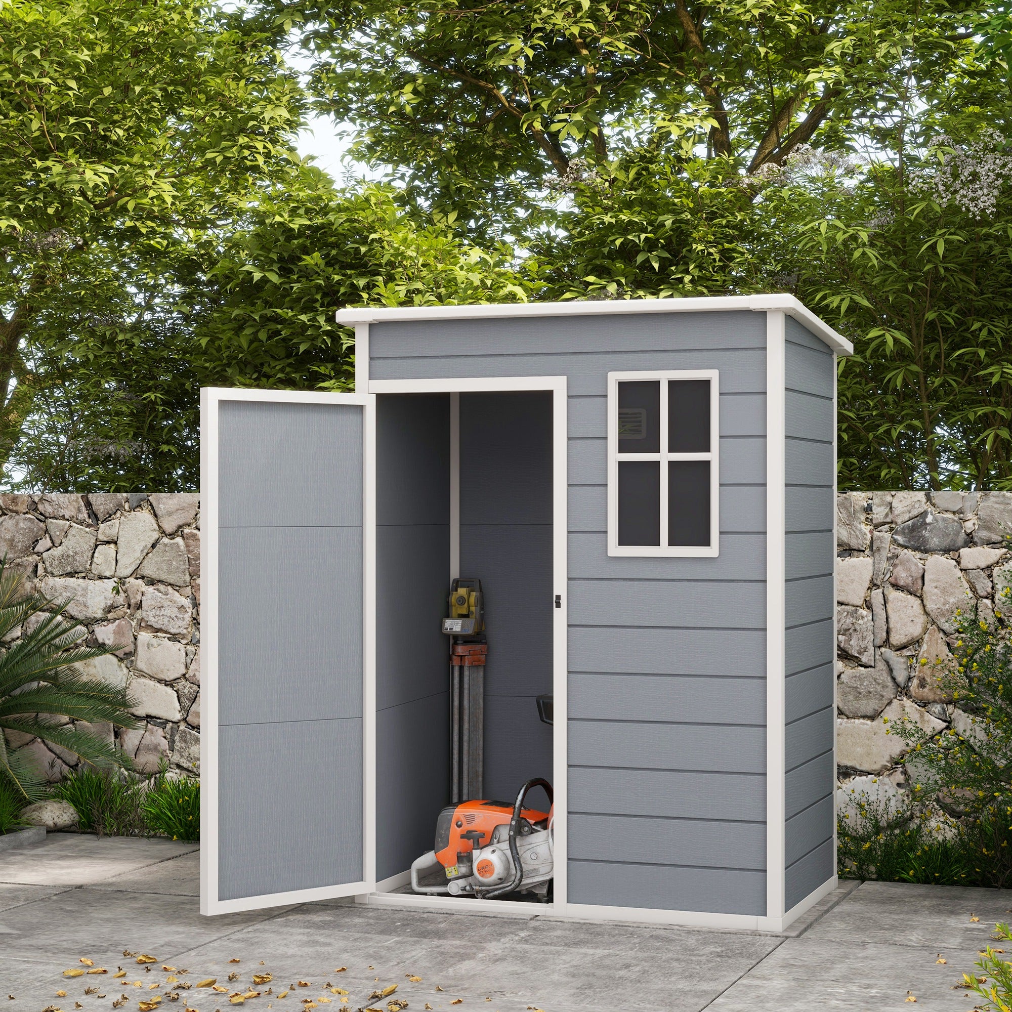 Outsunny 5' x 3' Garden Shed with Floor, Outdoor Storage Shed with Lockable Door, Window and Vent for Garden, Patio, Grey - North Peak Garden Furniture