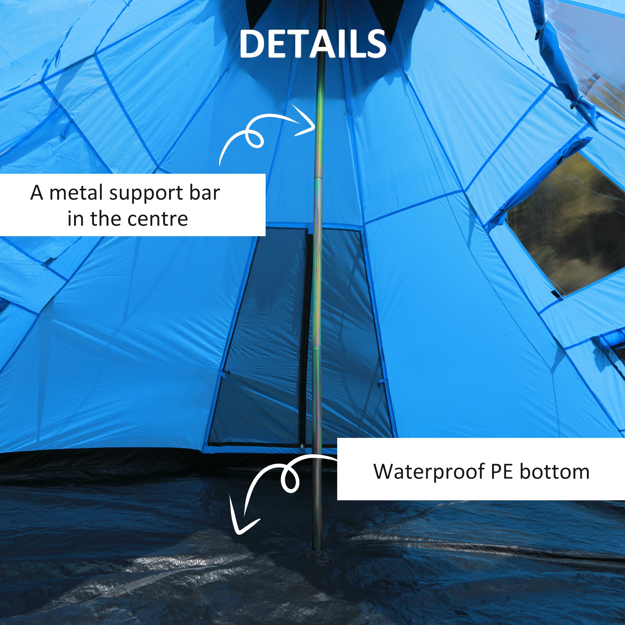 Outsunny 6 Men Tipi Tent, Camping Tent, Teepee Family Tent with Mesh Windows, Sewn-in Tent Floor, Two Doors and Carry Bag, Easy Set Up, for Hiking Picnics Outdoor Night, Blue