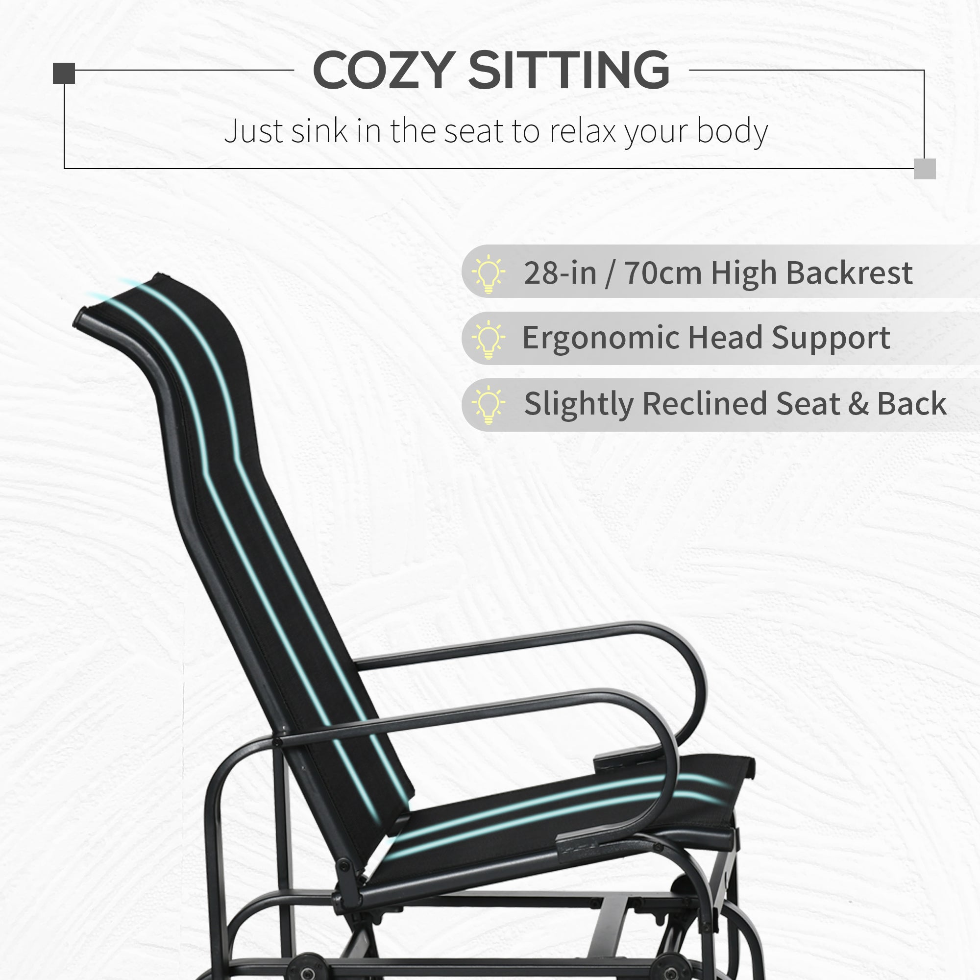 Outsunny Outdoor Gliding Rocking Chair with Sturdy Metal Frame Garden Comfortable Swing Chair, Black - North Peak Garden Furniture