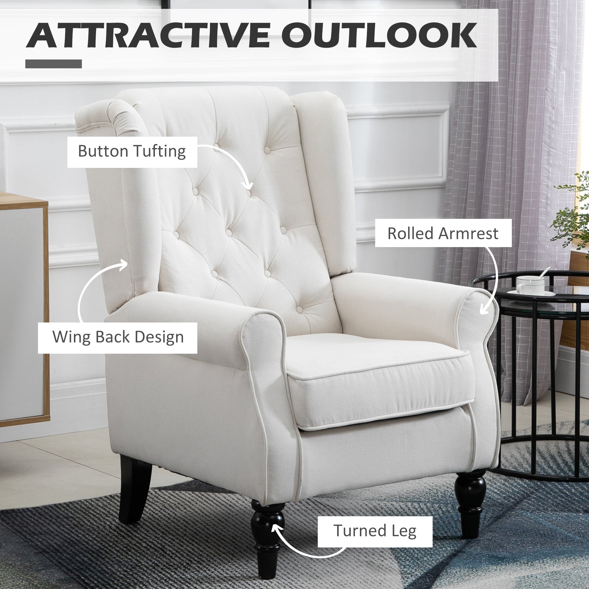 HOMCOM Wingback Accent Chair, Retro Upholstered Button Tufted Occasional Chair for Living Room and Bedroom, Cream White