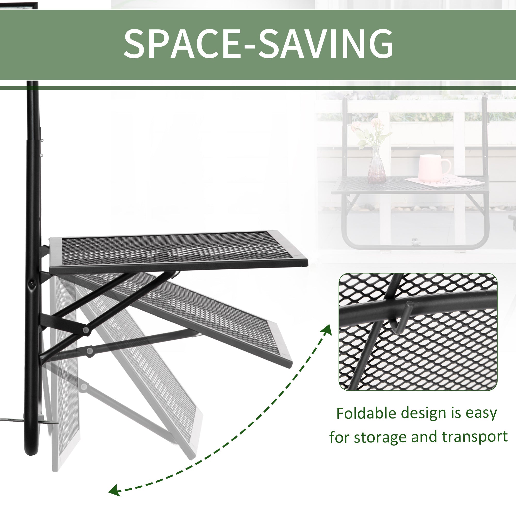 Outsunny Balcony Hanging Table, Metal Wall Mount Desk, Adjustable Folding Balcony Deck Table for Patio and Garden, Black - North Peak Garden Furniture