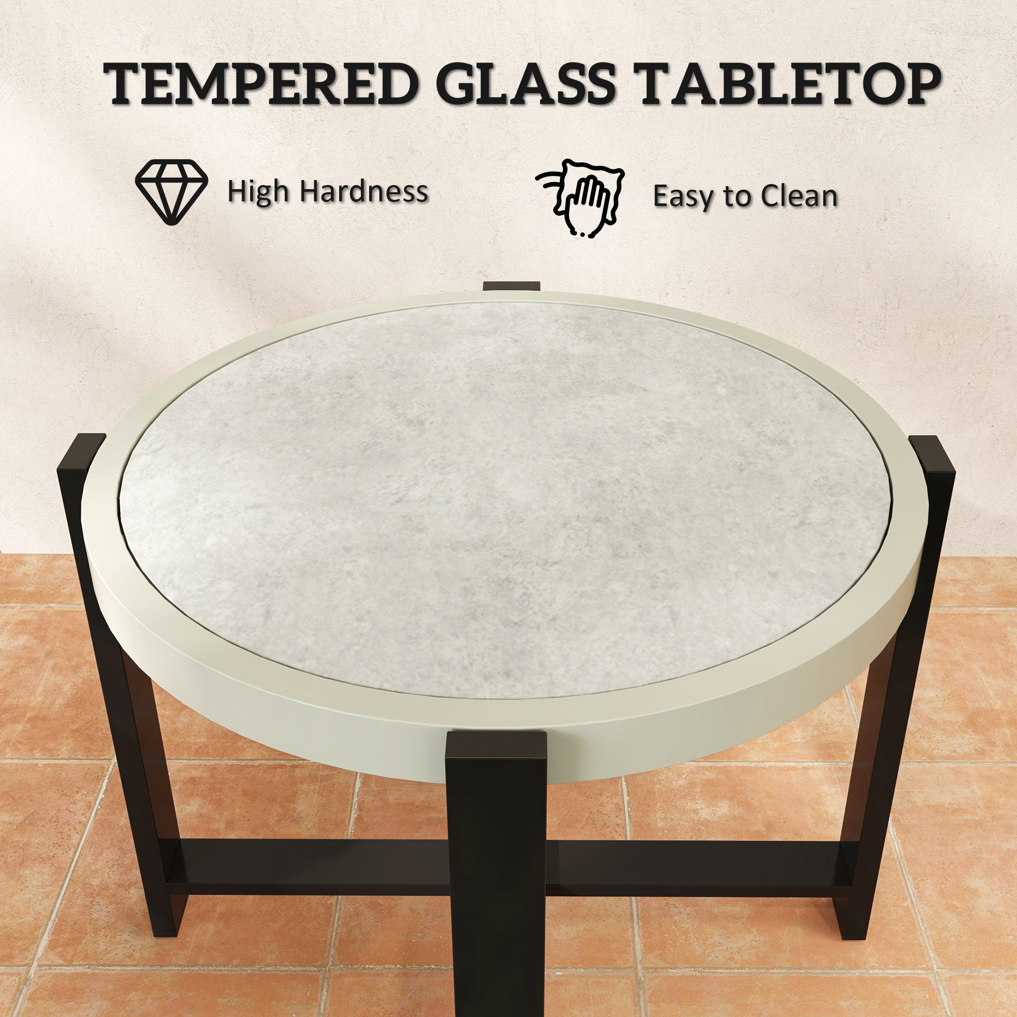Outsunny Round Small Garden Table, 60cm Outdoor Side Table with Faux Marble Tempered Glass Top, Aluminium Frame for Garden, Patio, Balcony, Light Grey - North Peak Garden Furniture