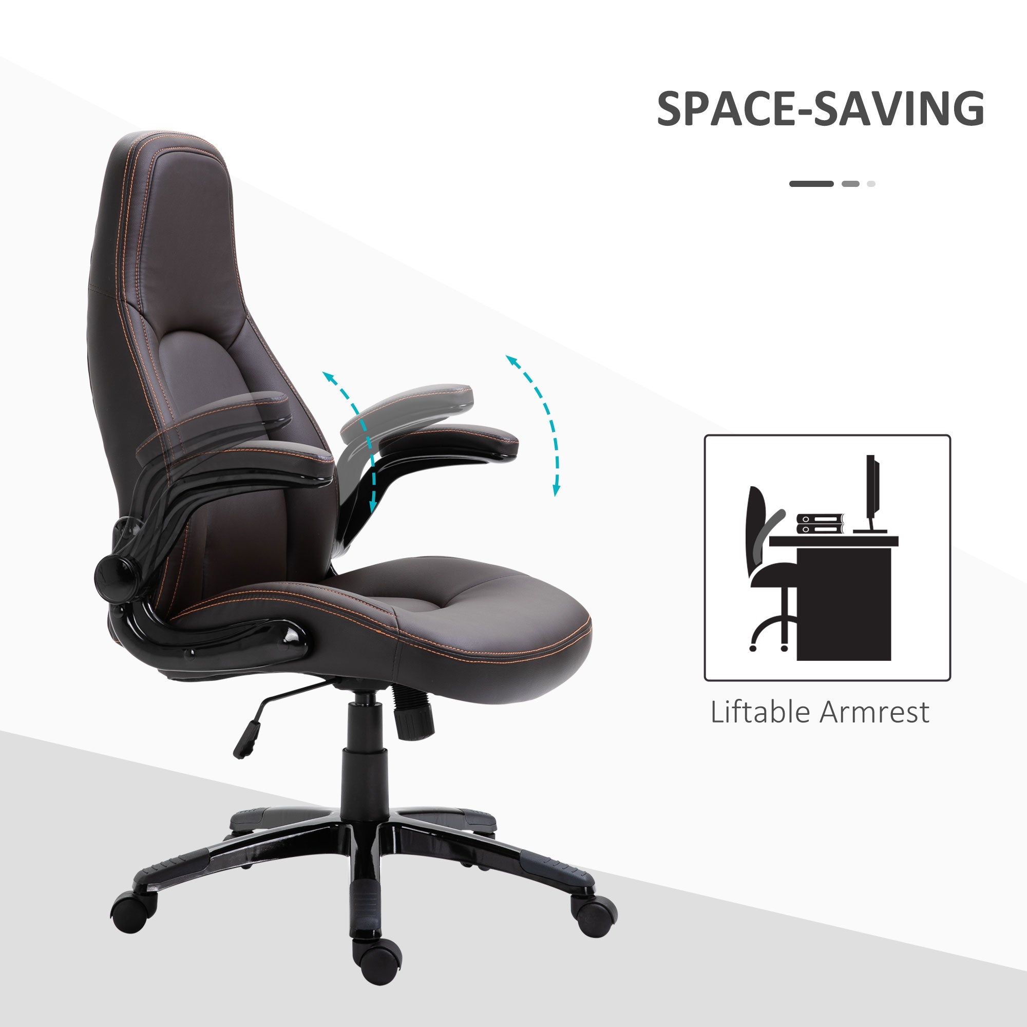 Vinsetto Computer Gaming Chair, PU Leather Office Chair, Swivel Desk Chair with Adjustable Arms and Height, Padded Armrest and Seat, Rolling Wheels, Coffee - North Peak Garden Furniture