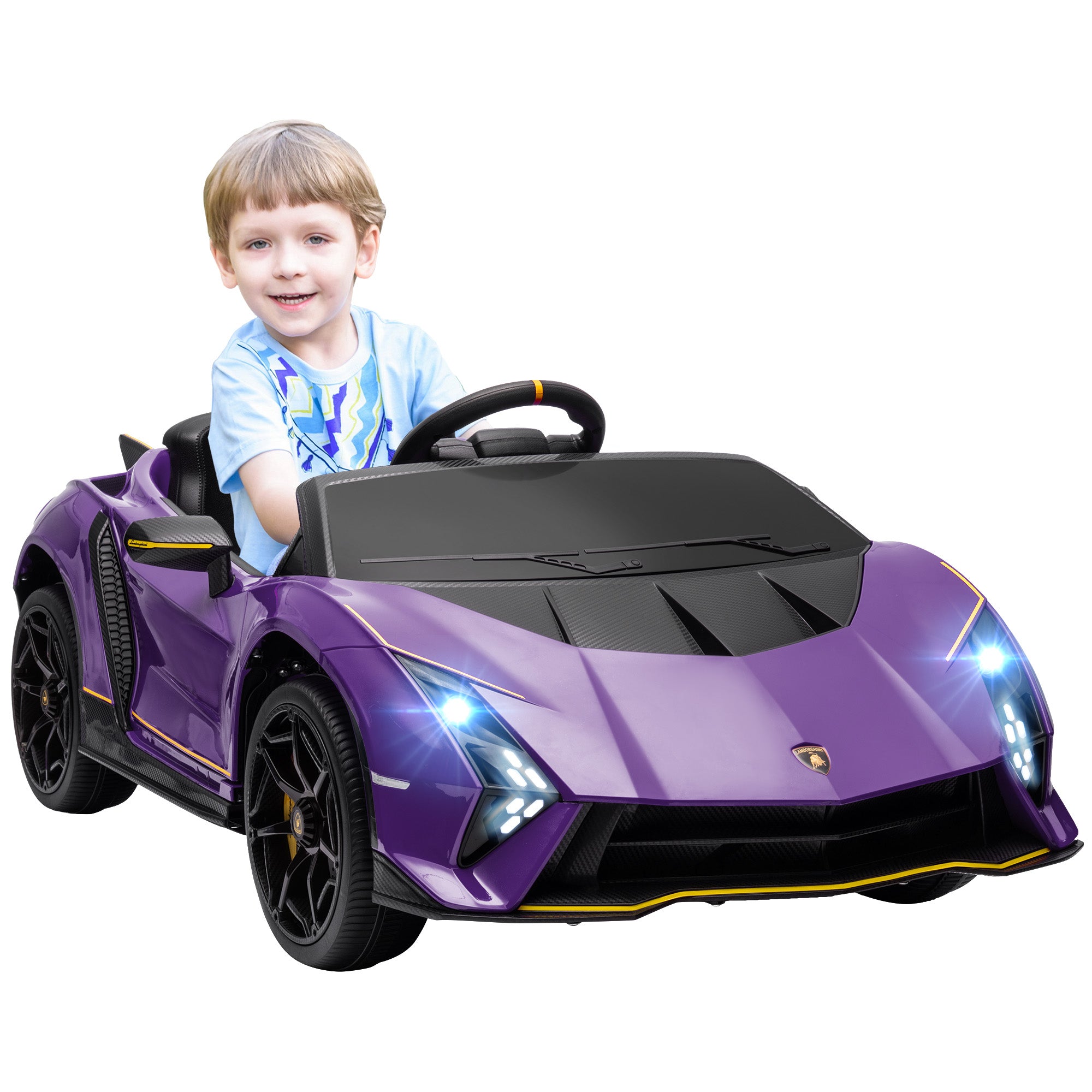 AIYAPLAY 12V Lamborghini Autentica Licensed Kids Electric Car with Remote Control, 4 Suspension Wheels, Soft Start, Purple