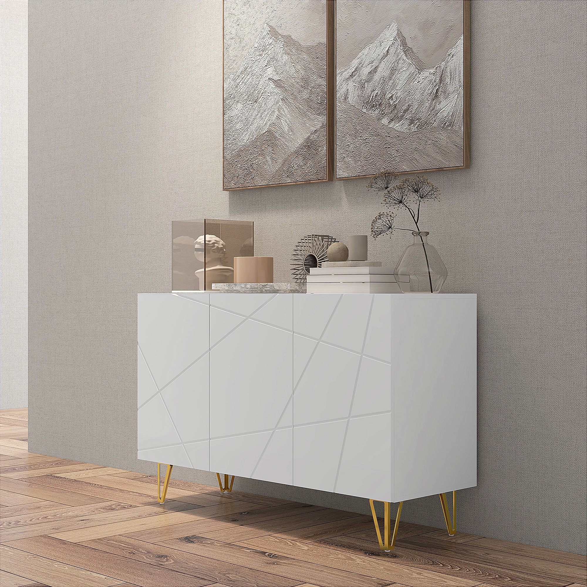 HOMCOM Modern Luxe High Gloss Sideboard, with Hairpin Legs - White - North Peak Garden Furniture