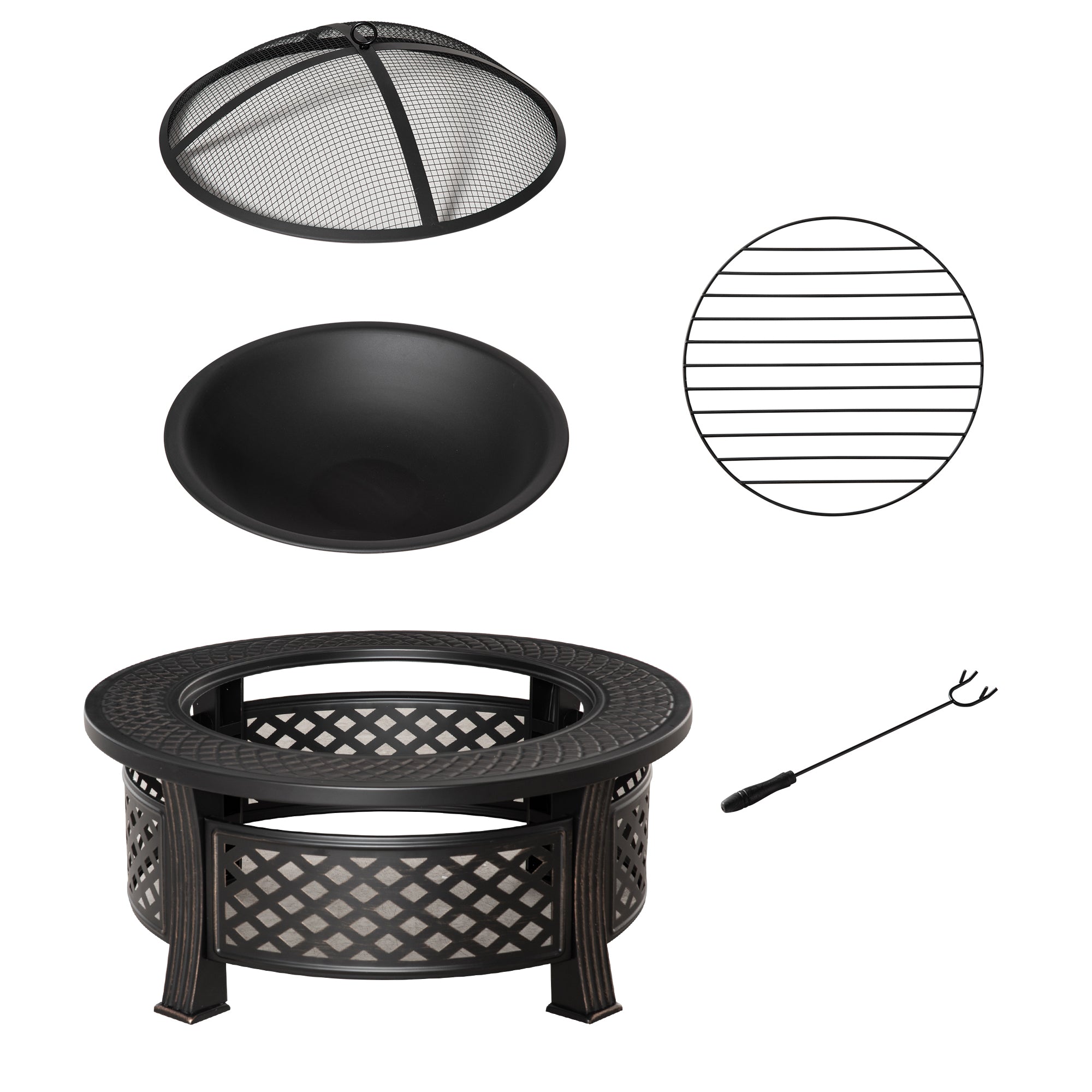 Outsunny Outdoor Fire Pit, Firepit with Grill Net, Mesh Lid, Poker, for Camping, Bonfire, Picnic, Bronze Tone