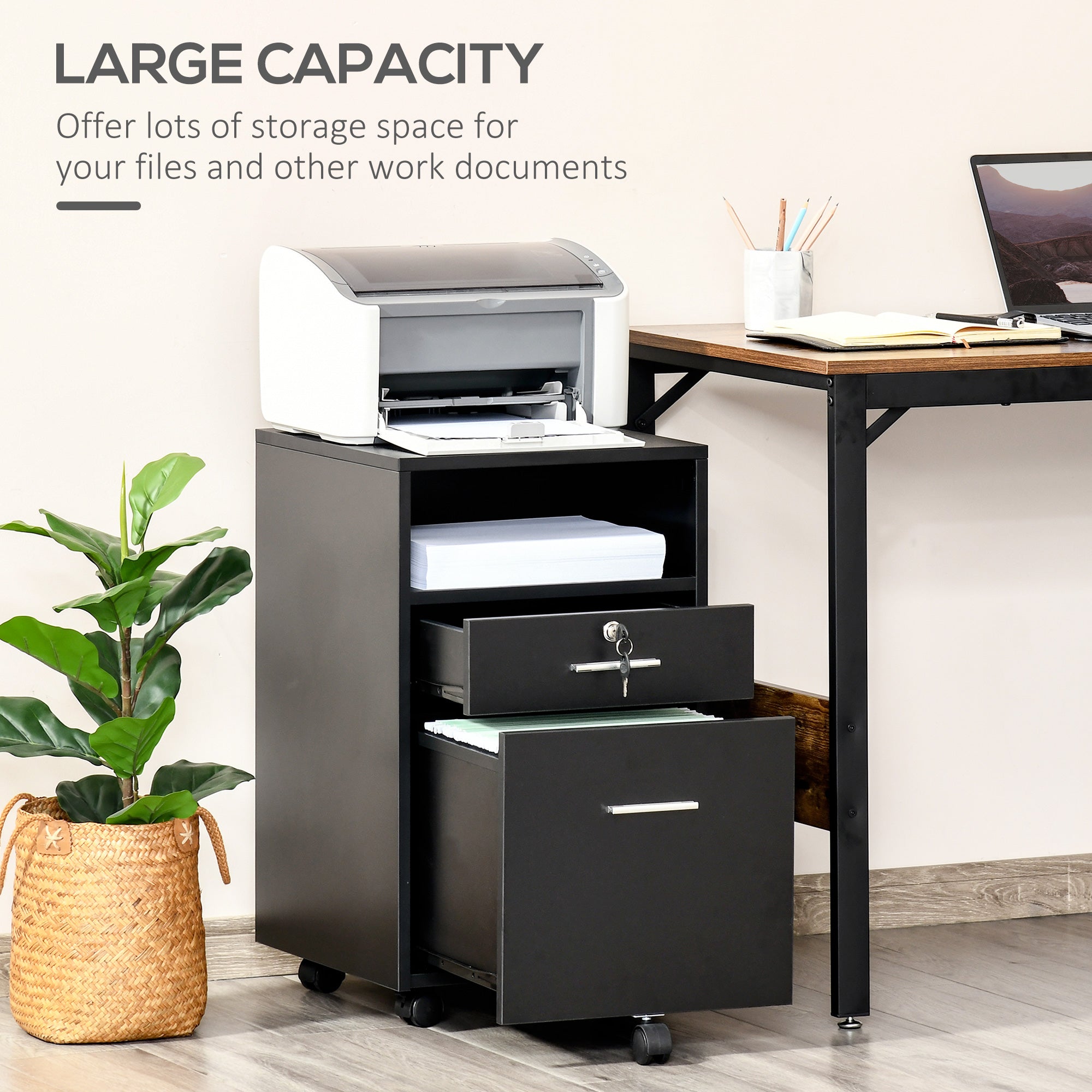 Vinsetto Lockable Two-Drawer Filing Cabinet, with Wheels - Black - North Peak Garden Furniture