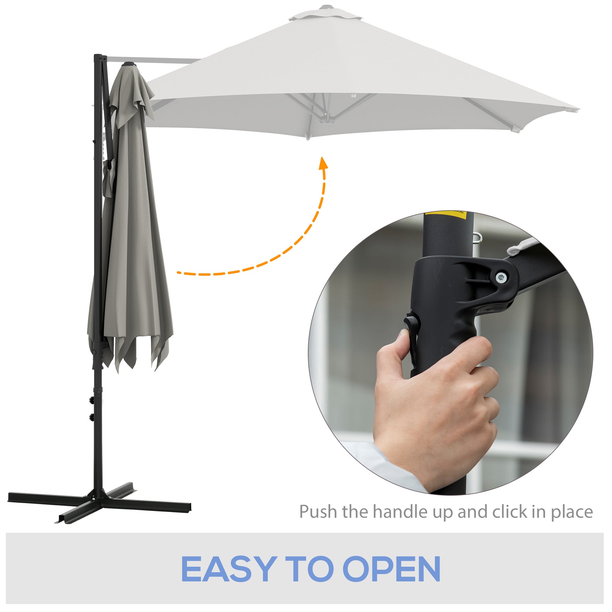 Outsunny 2.5M Garden Cantilever Parasol, Offset Roma Patio Umbrella Hanging Sun Shade Canopy Shelter with 360° Rotation and Cross Base, Light Grey - North Peak Garden Furniture