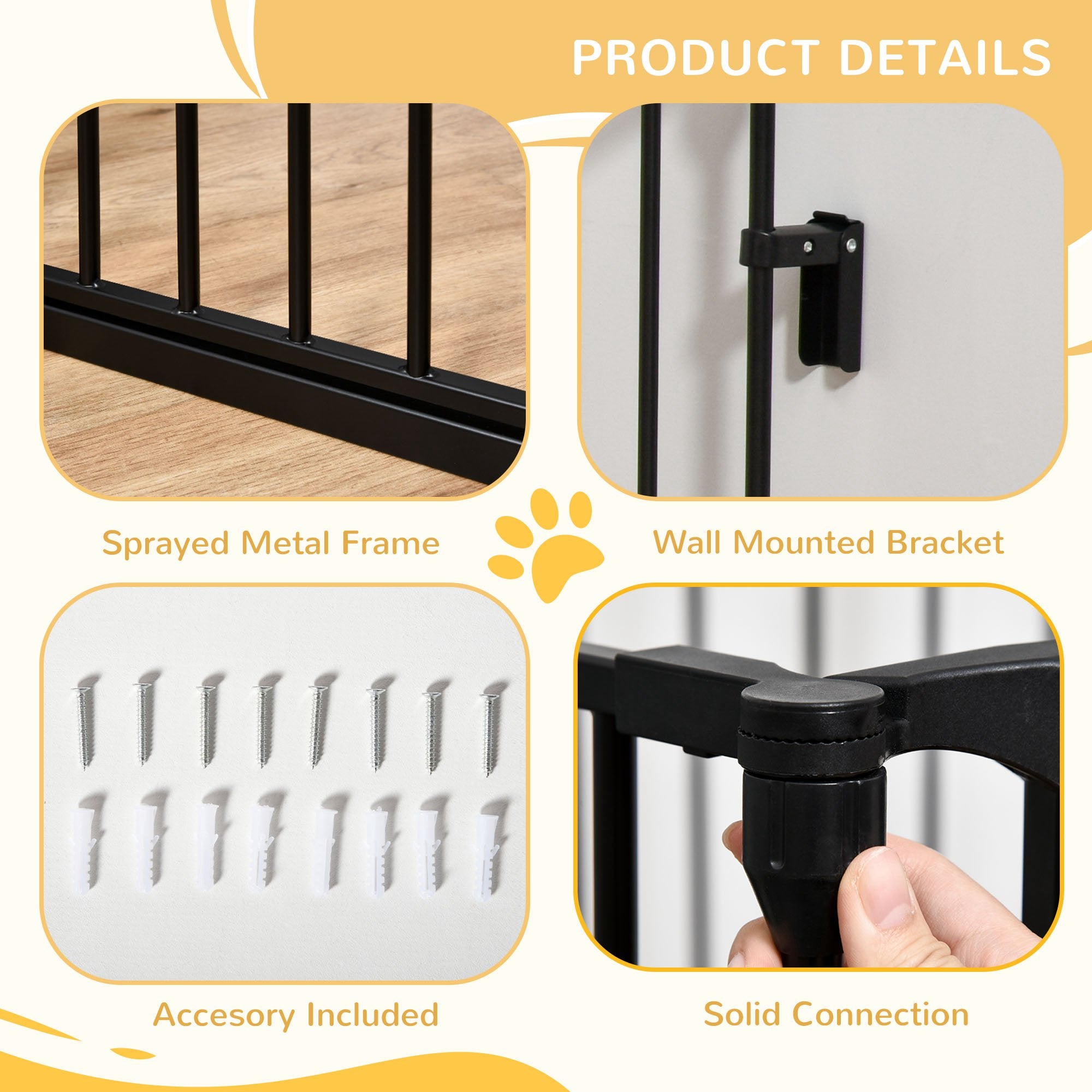 PawHut 3-Panel Metal Pet Gate: Safety Fence for Dogs with Walk Through Door & Auto Close Lock, Room Divider, Black