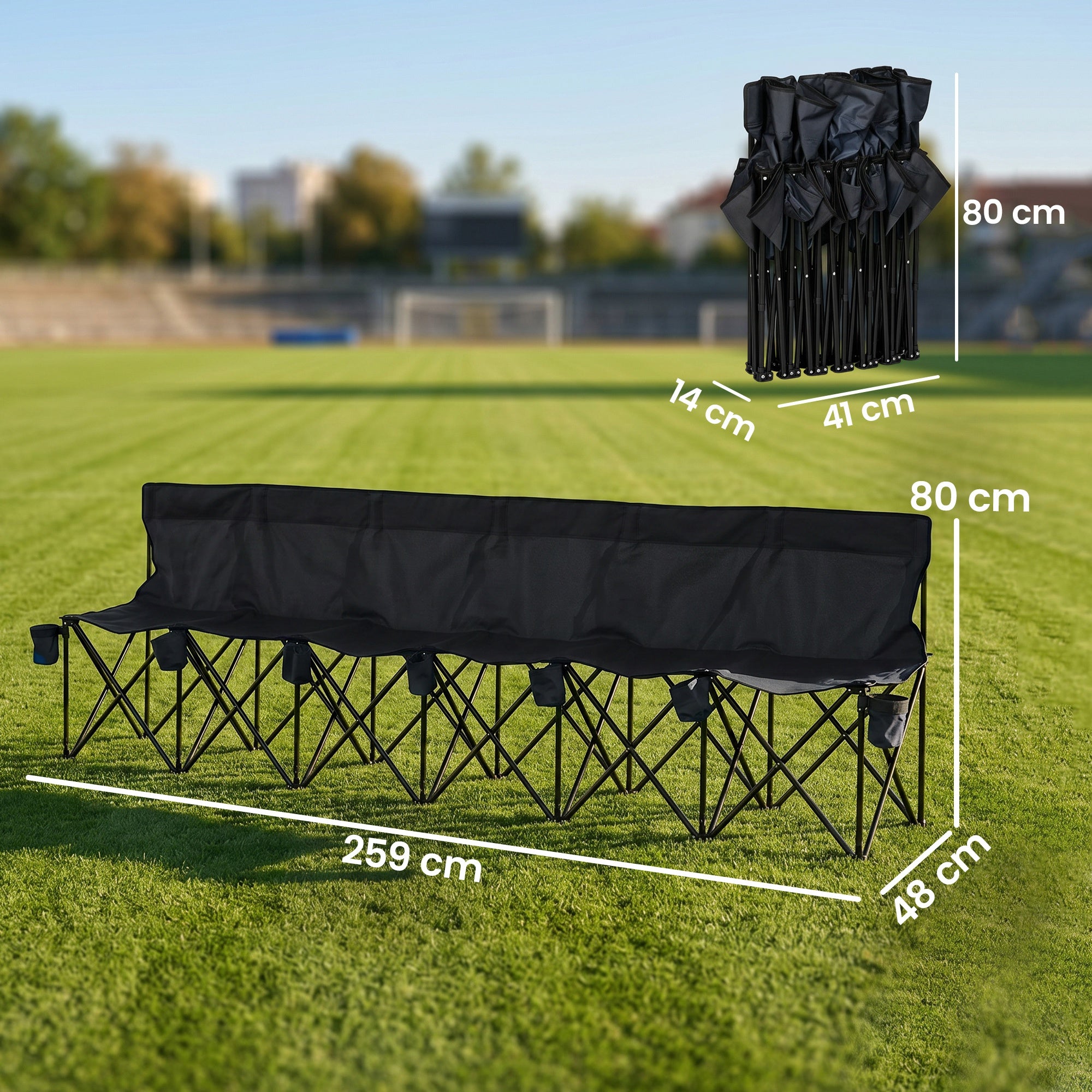 Outsunny 6 Seater Folding Bench, Outdoor Camping Chair Portable Sports Spectator Chair with Steel Frame, Cup Holder & Carry Bag, Black