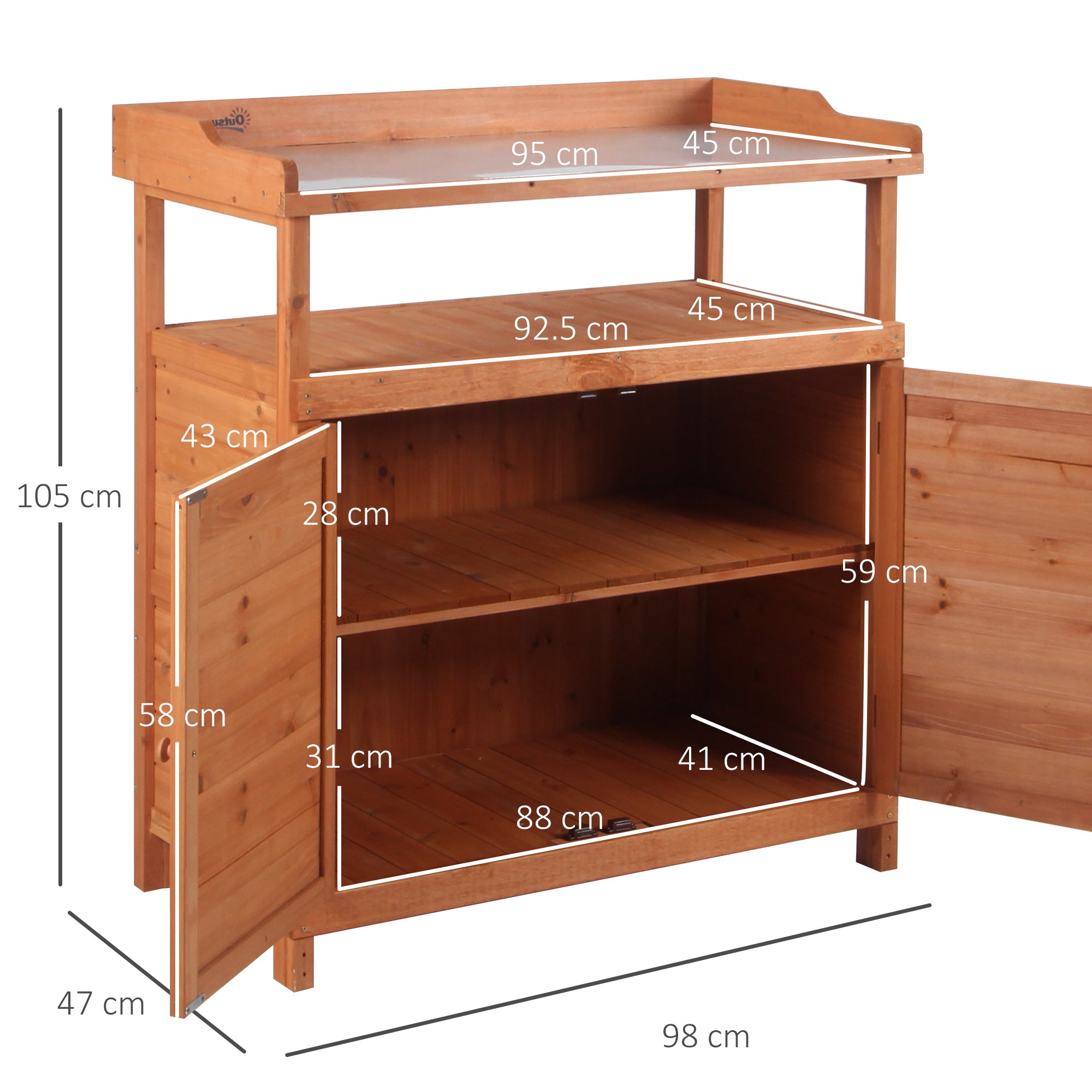 Outsunny Multi-function Potting Bench Table w/ Storage Cabinet and Galvanized Table Top, Wooden Planting Workstation, 98cm x 47cm x 105cm