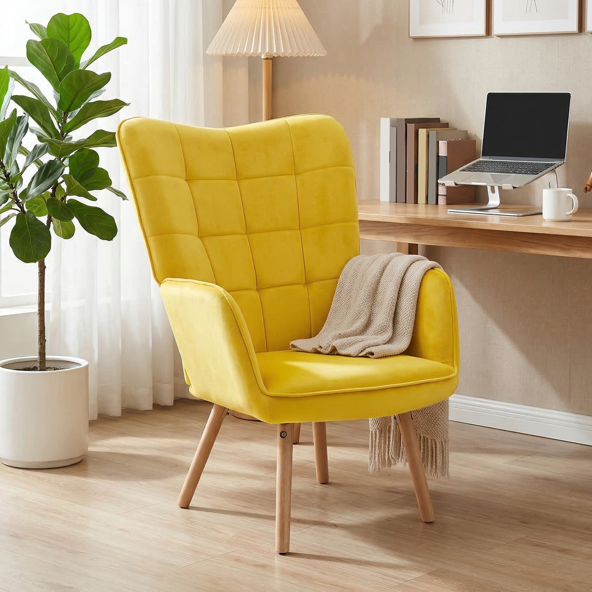 HOMCOM Modern Accent Chair Velvet-Touch Tufted Wingback Armchair Upholstered Leisure Lounge Sofa Club Chair with Wood Legs, Yellow