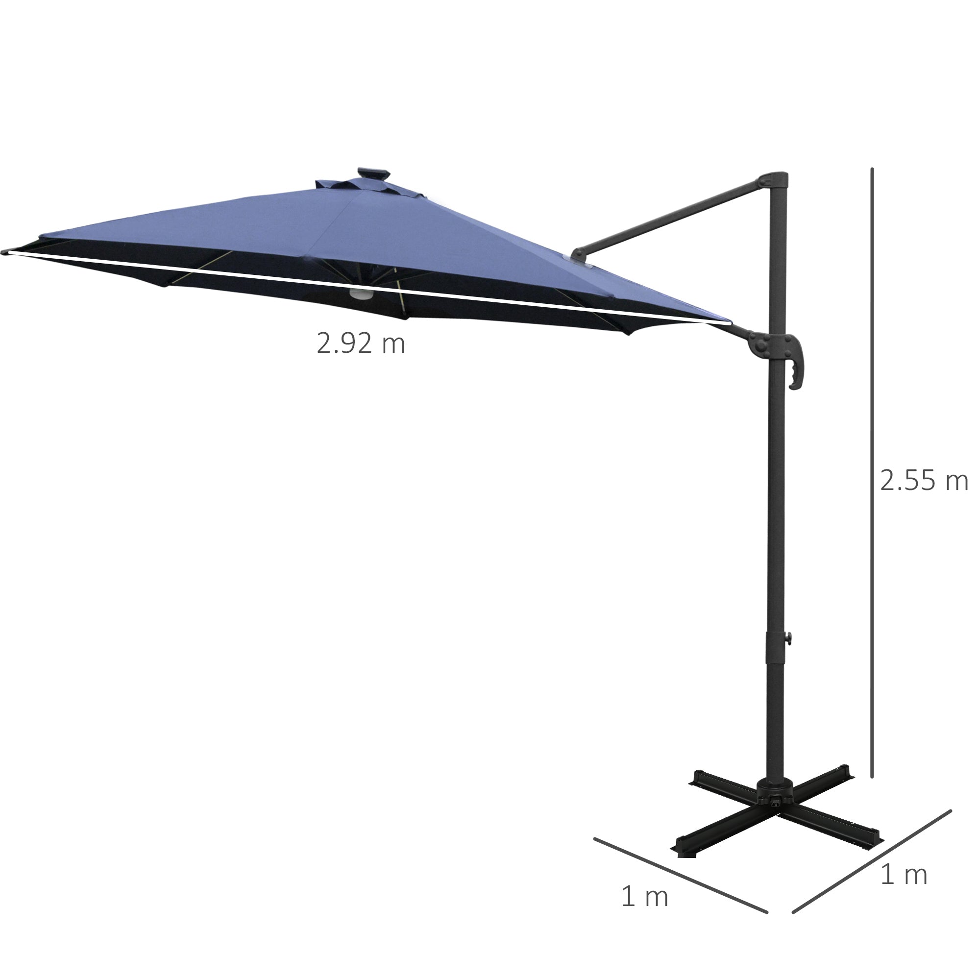 Outsunny 3(m) LED Cantilever Parasol Outdoor Sun Umbrella w/ Base Solar Lights Blue - North Peak Garden Furniture