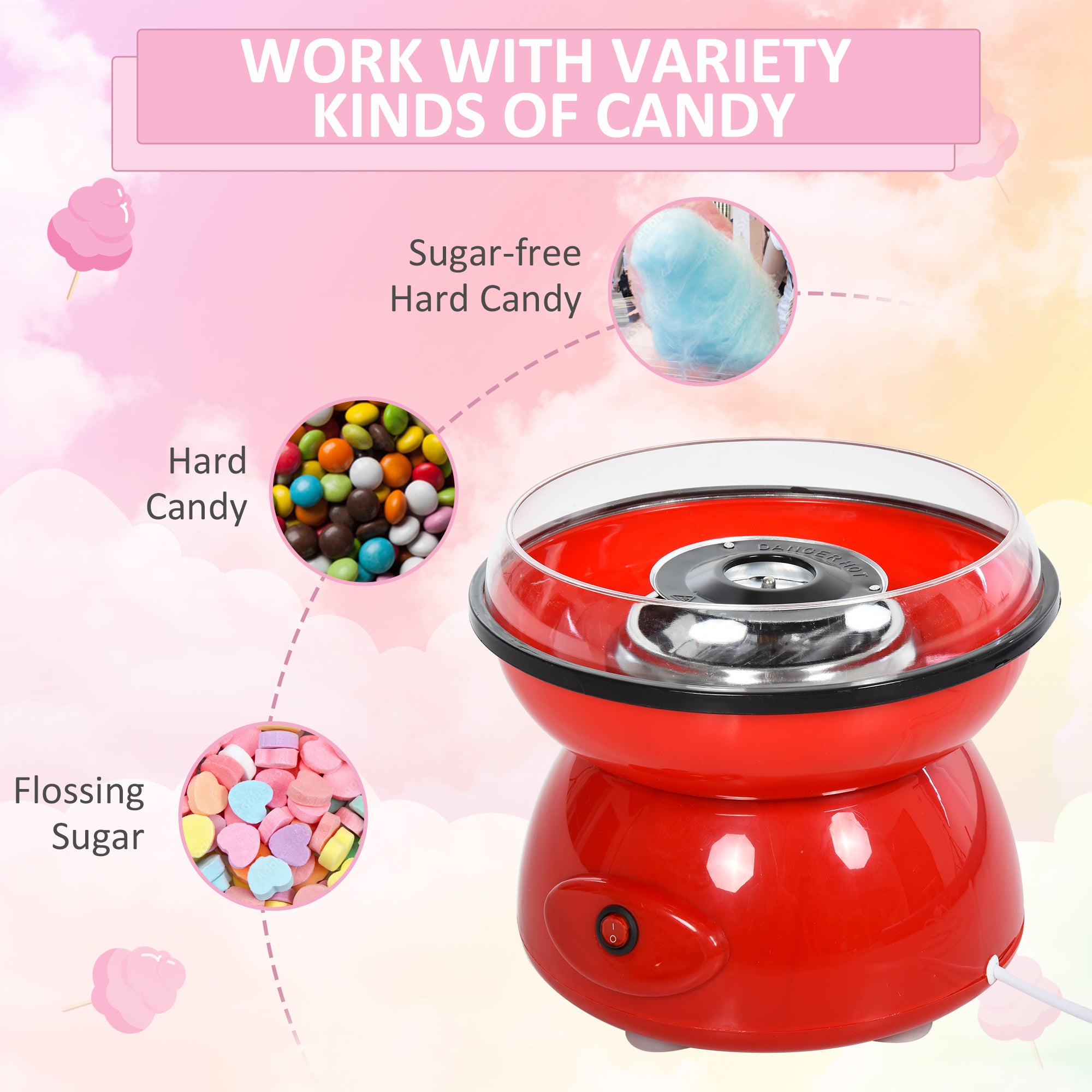 HOMCOM 450W Electric Candyfloss Machine Kit Non-Stick Plates Fairground Fun Children Adult Party Gift Home Sweet Metal Body w/ Accessories Red - North Peak Garden Furniture