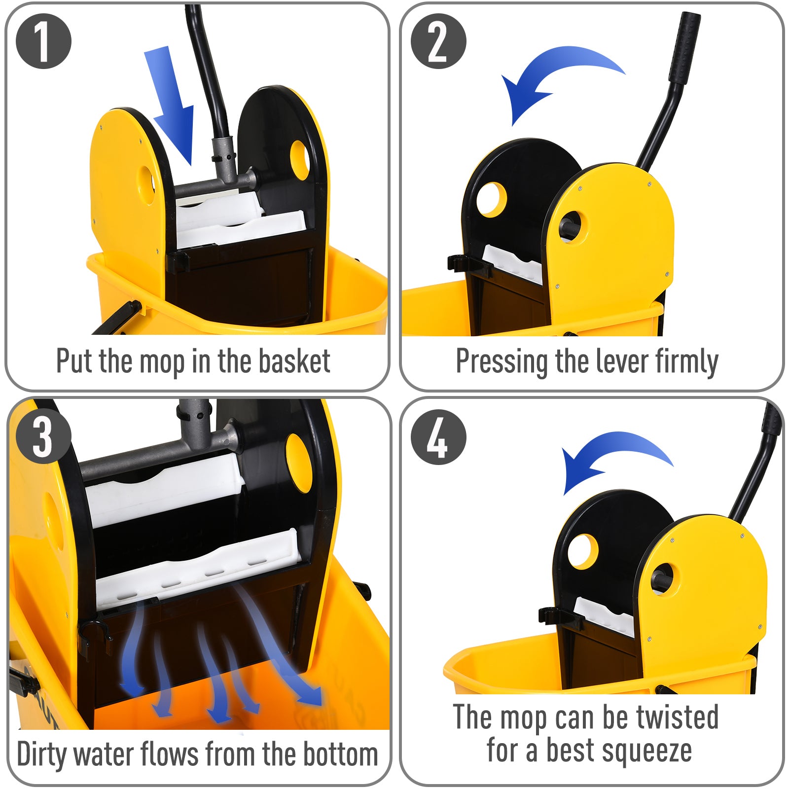 HOMCOM 26L Mop Bucket & Water Wringer w/ 4 Wheels Plastic Body Metal Handle Pole Holder Home Commercial Cleaning Floor Cart Yellow - North Peak Garden Furniture