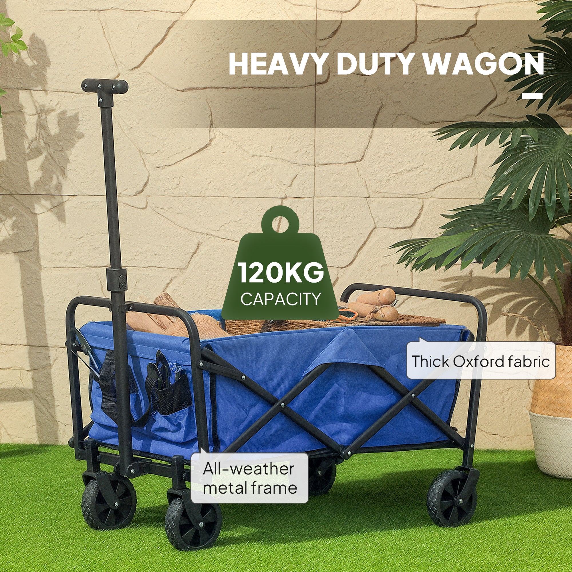 Outsunny 62L Festival Trolley on Wheels, Garden Folding Trolley Cart, 120kg Heavy Duty Collapsible Folding Wagon with Adjustable Handle and Carrying Bag for Beach, Camping, Festival, Blue