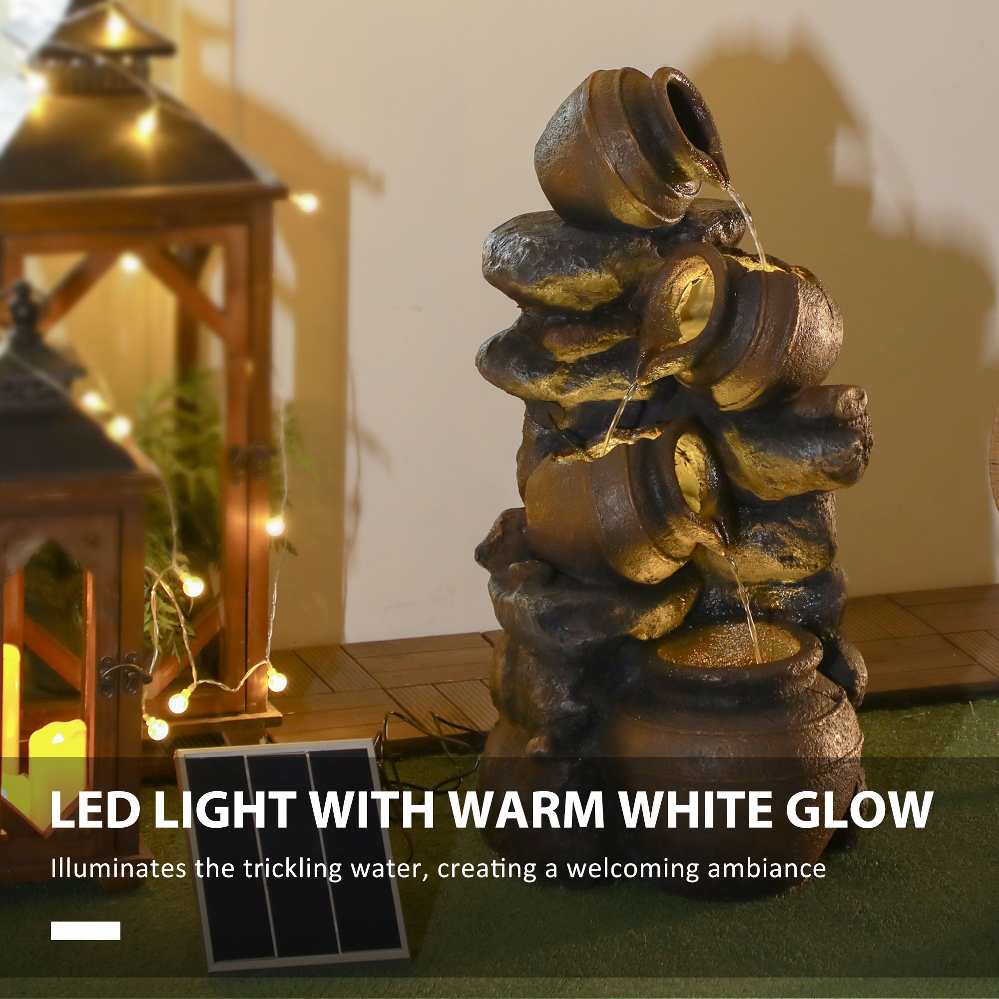Outsunny Solar Powered Garden Water Feature with LED Lights and Pump, 4 Tier Cascading Water Fountain for Indoor/Outdoor, Jars Waterfall Ornament, 72cm Height - North Peak Garden Furniture