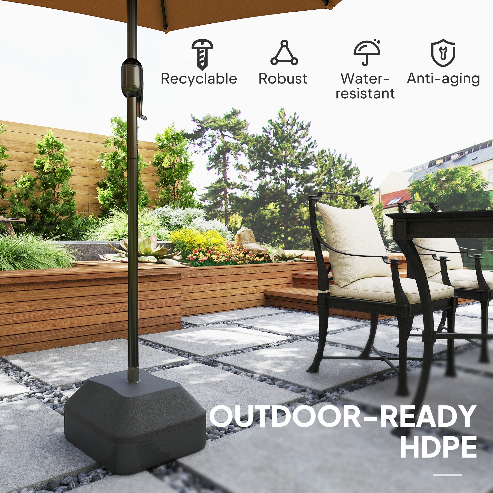 Outsunny Fillable Garden Parasol Base, Heavy Duty Parasol Base Stand Outdoor Umbrella Stand, Filled Up to 24kg with Stand or 20kg with Water, Sun Umbrella Base for 38 mm Poles, Black - North Peak Garden Furniture