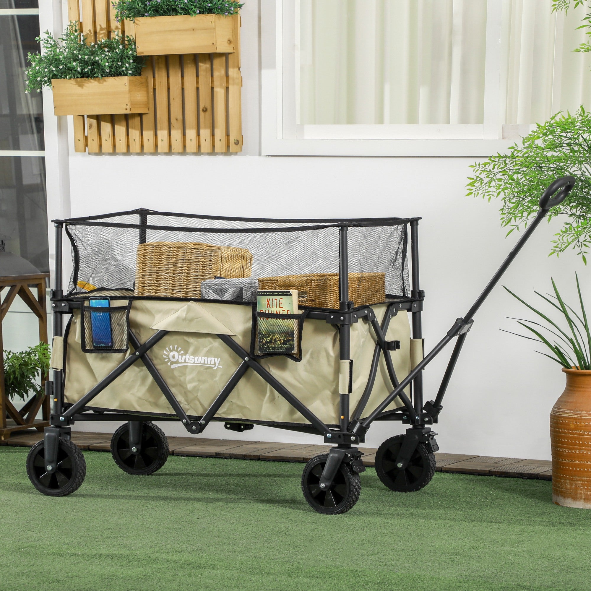 Outsunny Folding Garden Trolley, 180L Wagon Cart with Extendable Side Walls, for Beach, Camping, Festival, Khaki - North Peak Garden Furniture