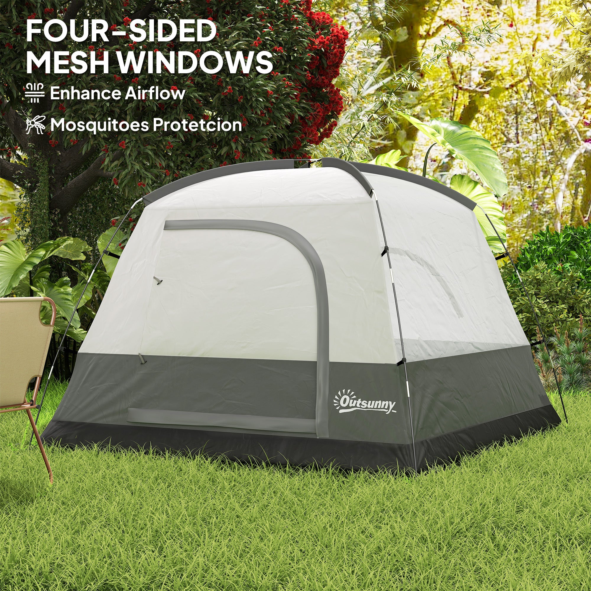 Outsunny 3-4 Person Camping Tent, Easy Set Up Waterproof Dome Tent with Sewn-in Groundsheet, Mesh Windows, Pocket and Hook for Camping, Hiking, Backpacking, Orange and Grey - North Peak Garden Furniture