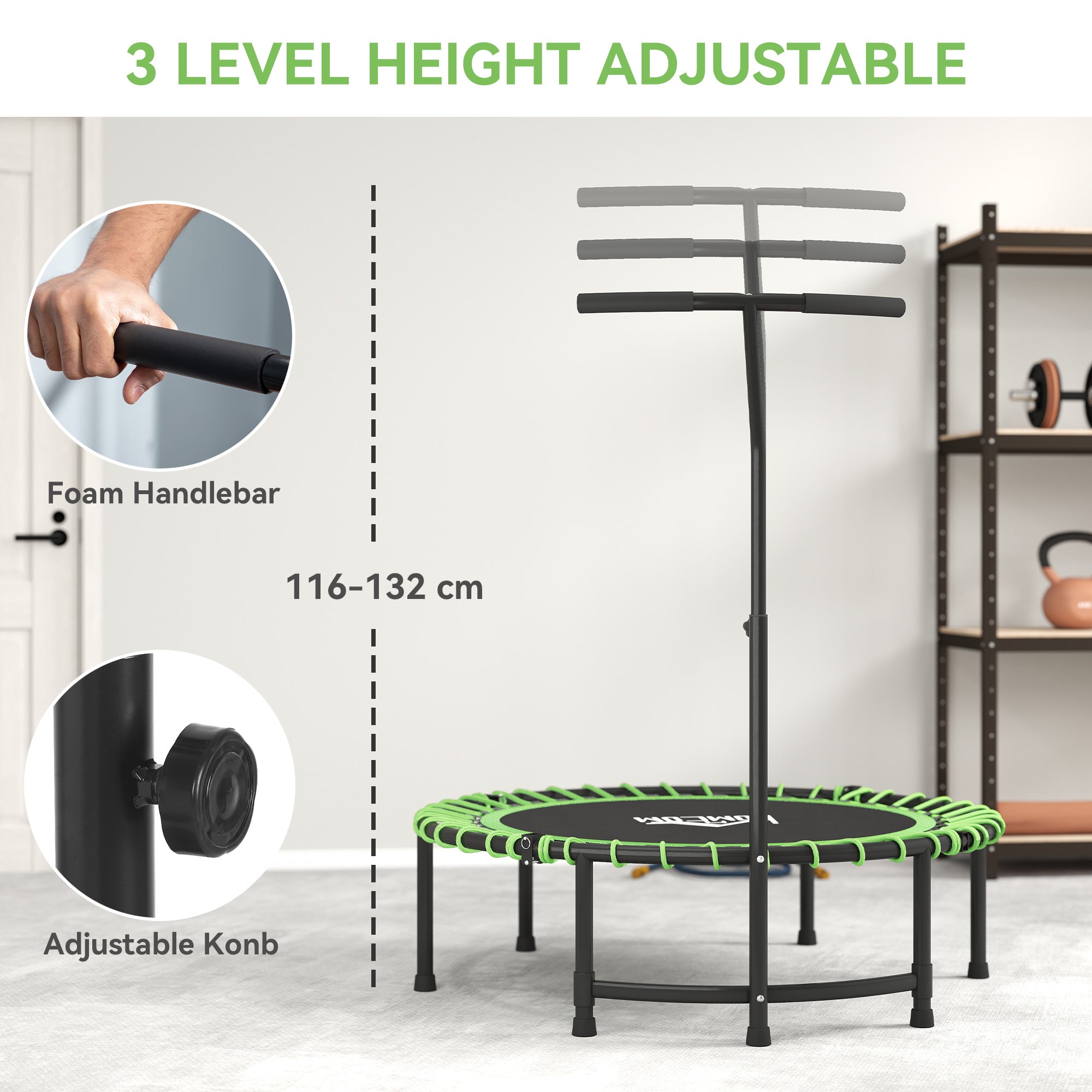 HOMCOM Mini Round Steel Frame Trampoline w/ Adjustable Handle, Green - North Peak Garden Furniture