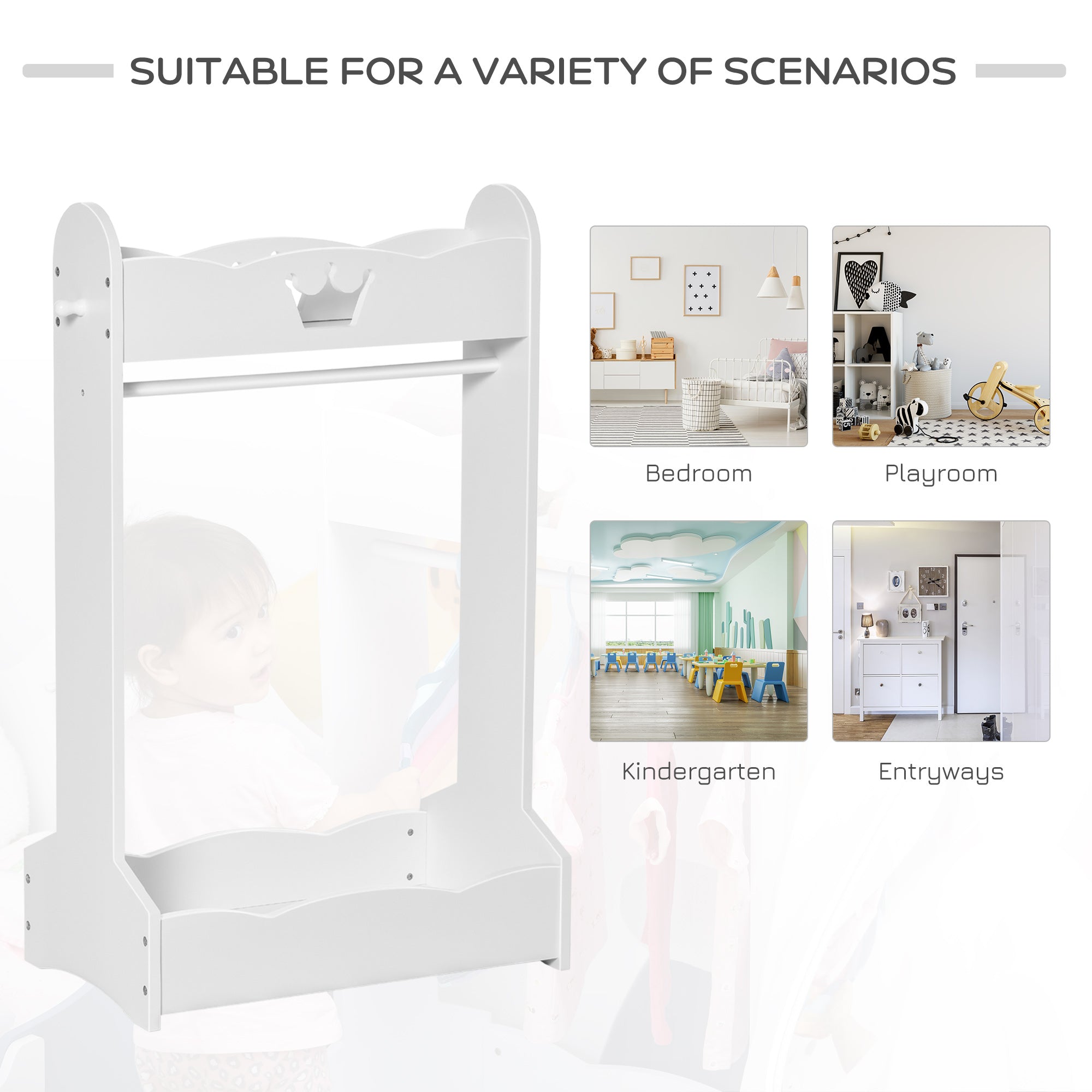 HOMCOM Kids Clothes Rail Wooden Hanging Rack with Storage Shelves Children Garment Freestanding Wardrobe for 3-8 Years Toddler, White - North Peak Garden Furniture