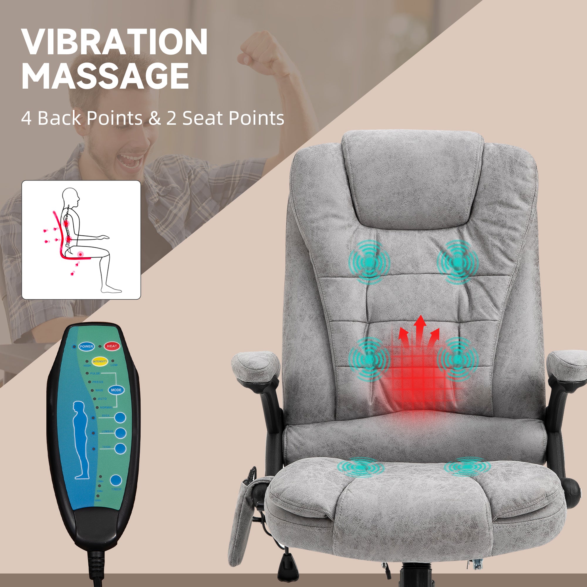 Vinsetto Massage Recliner Chair Heated Office Chair with Six Massage Points Microfiber Cloth 360° Swivel Wheels Grey - North Peak Garden Furniture
