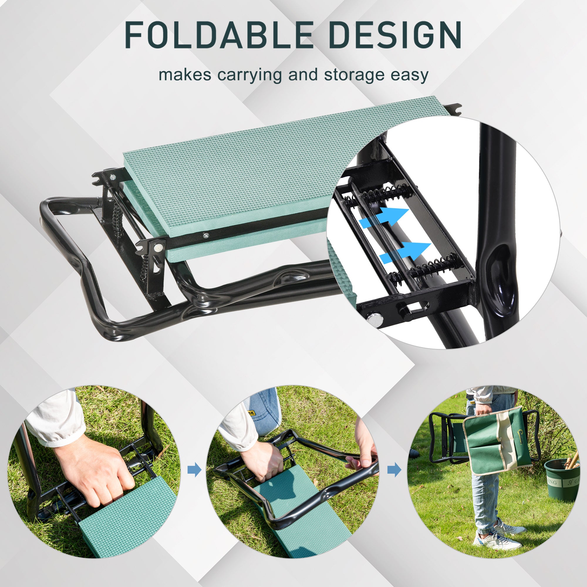 Outsunny Foldable Steel Frame Garden Kneeler Seat w/ Foam Bag Tool Bag Pouch Outdoor Garden Stable Sturdy Assistance Versatile Use - North Peak Garden Furniture