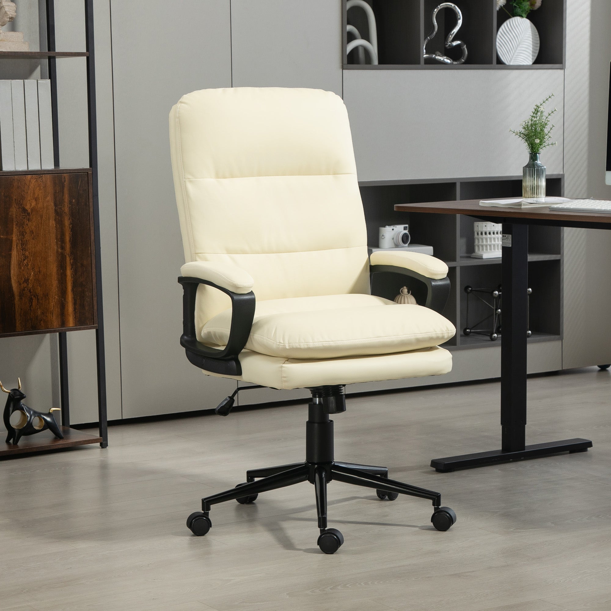 Vinsetto Office Chair, PU Leather Computer Desk Chair Office Chair with Adjustable Height and Swivel Rolling Wheels for Work Study, Cream White - North Peak Garden Furniture