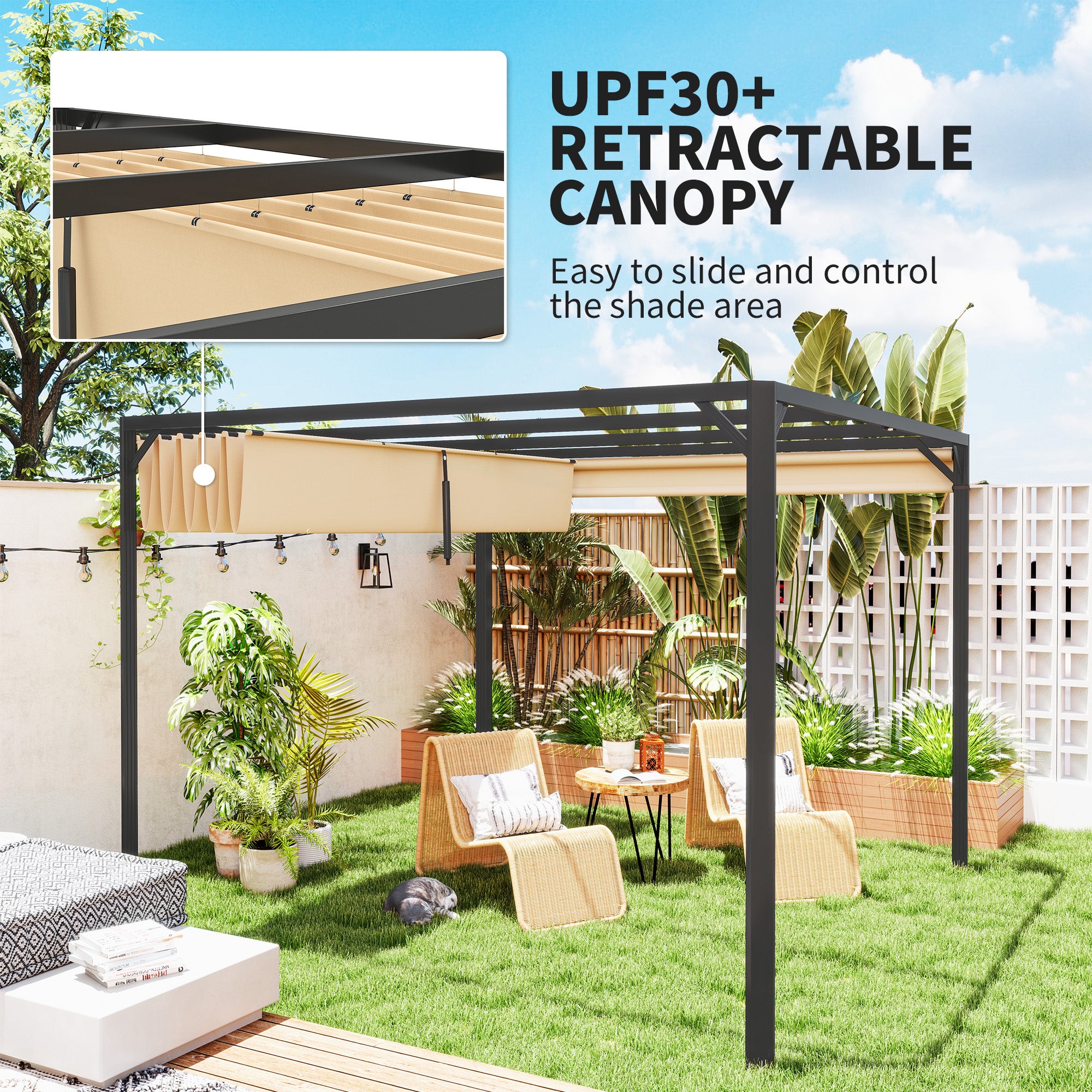 Outsunny 3 x 3m Aluminium Pergola, with Retractable Roof and Wall - Khaki - North Peak Garden Furniture