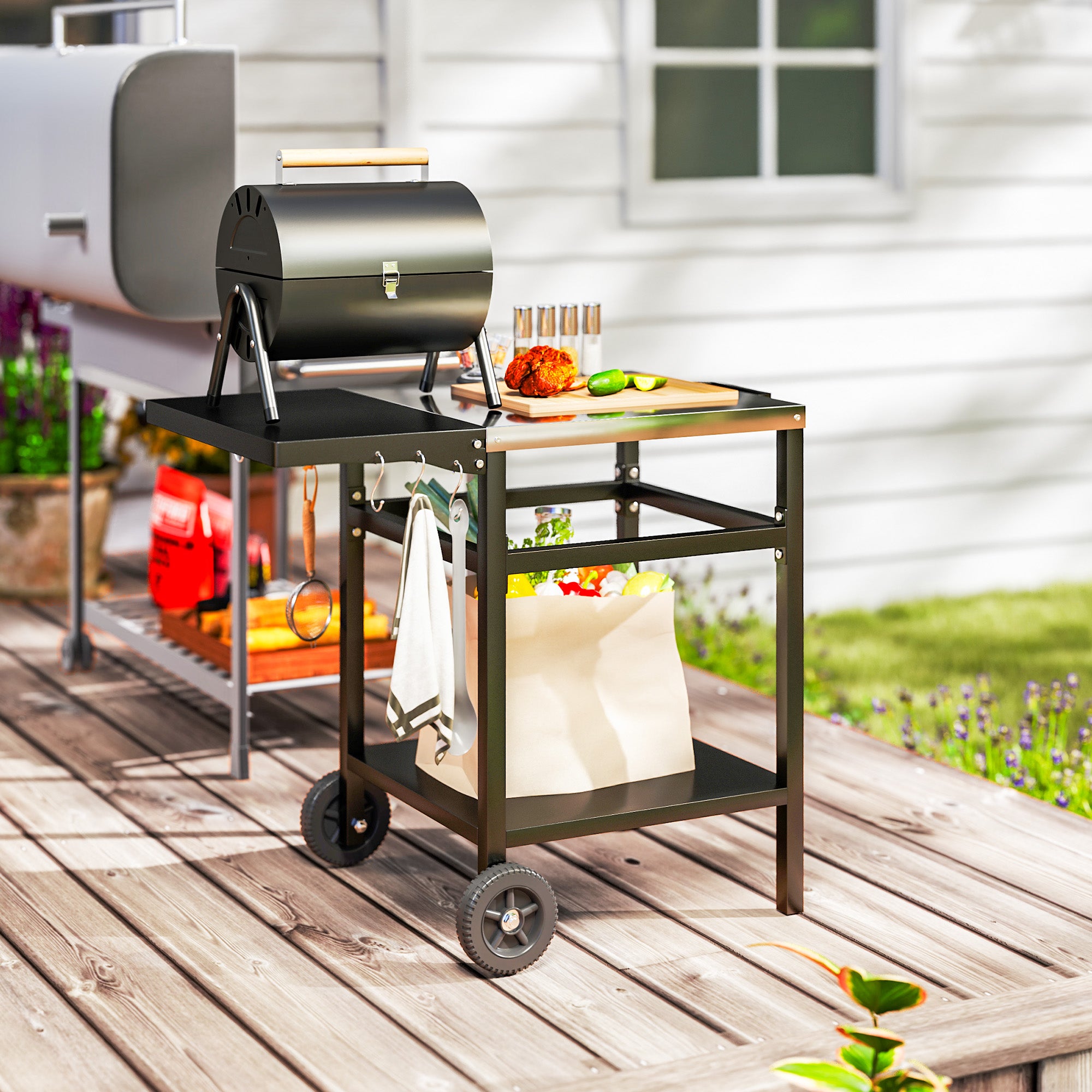 Outsunny BBQ Trolley with Stainless Steel Top and Foldable Side Table, Outdoor Kitchen BBQ Station with Hooks and Shelf, Pizza Oven Table Movable Outdoor Grill Dining Cart with Cover, Black - North Peak Garden Furniture