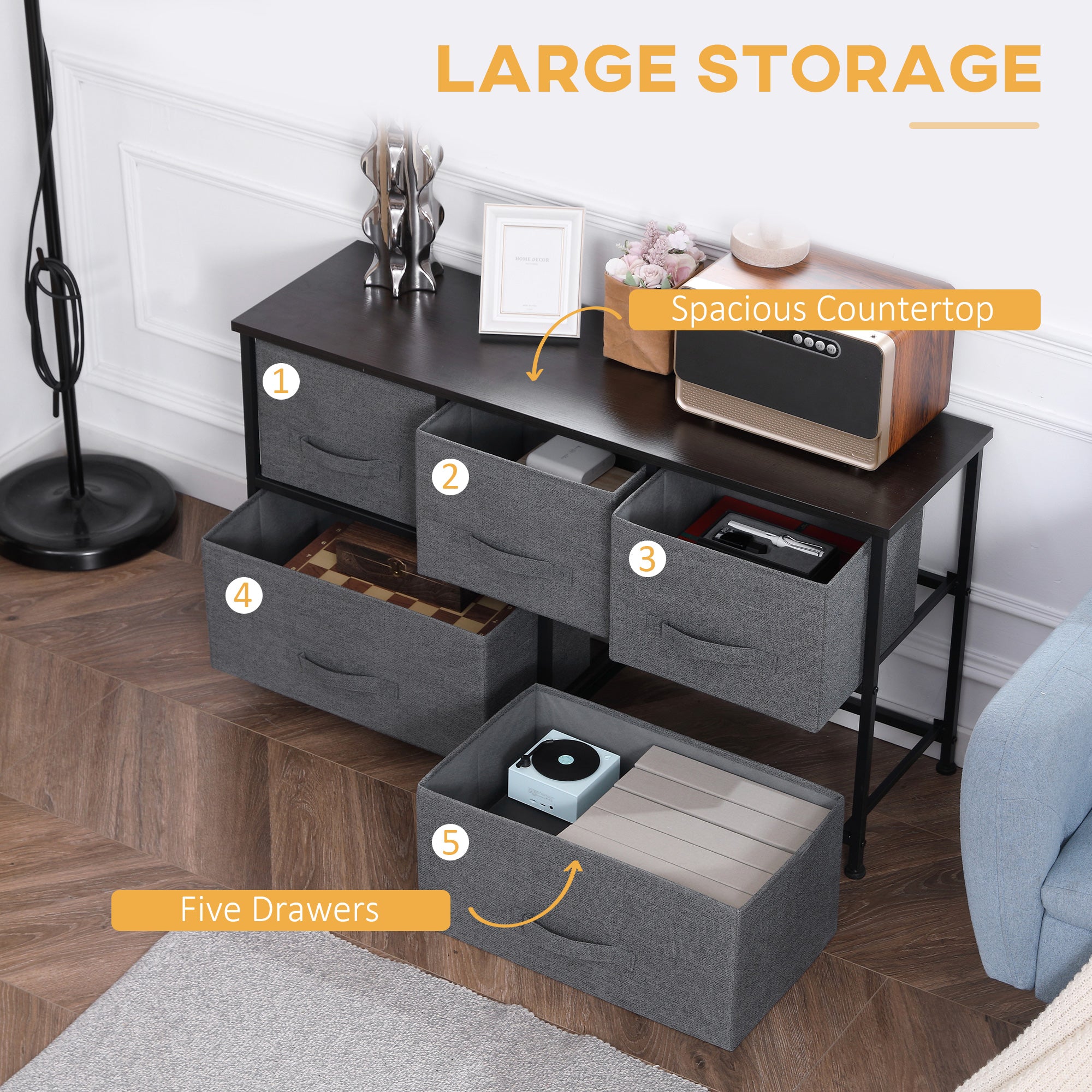 HOMCOM Chest of Drawers, 5 Drawer Fabric Dresser with Steel Frame, Adjustable Feet, Storage Organizer Unit for Bedroom, Living Room, Dark Grey - North Peak Garden Furniture