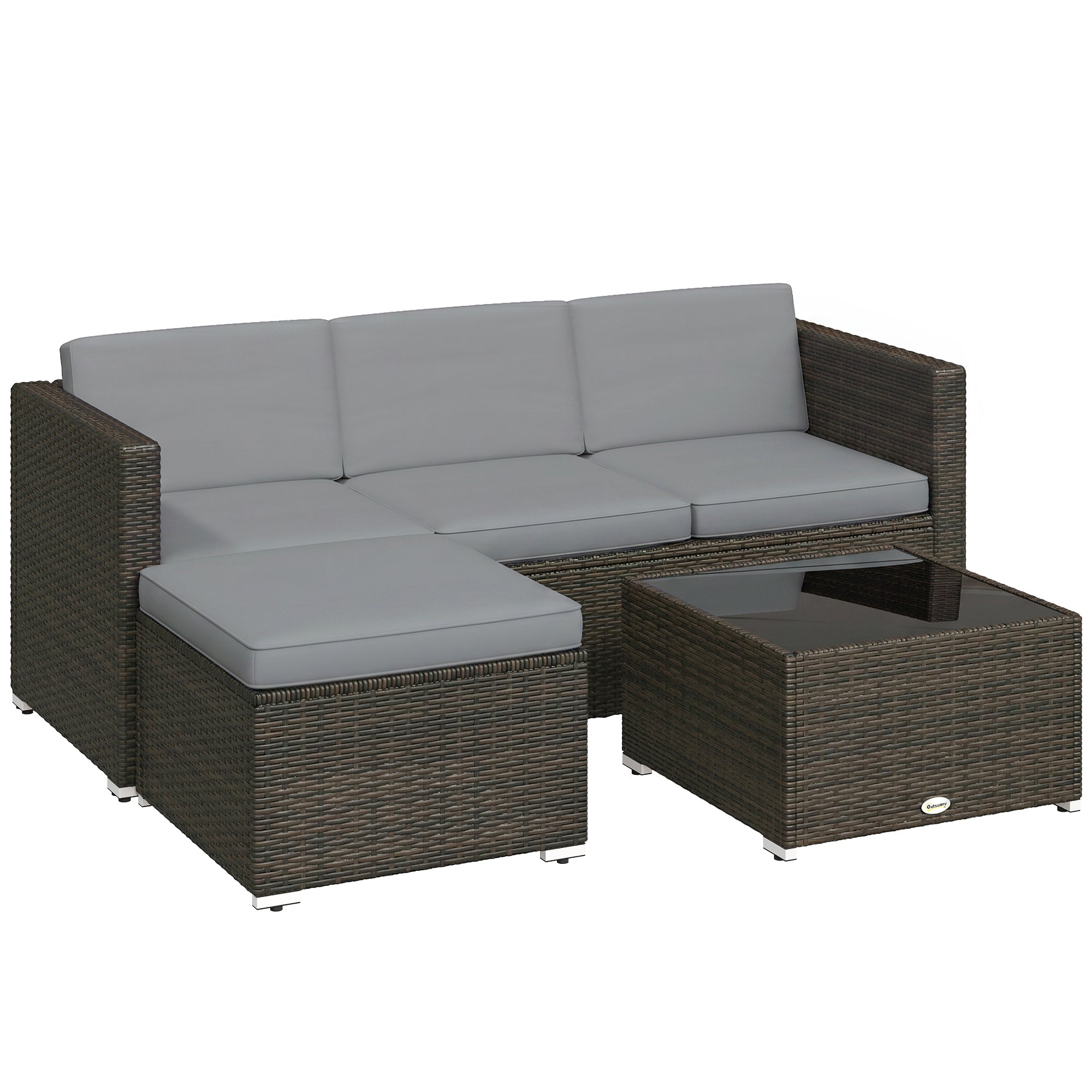 Outsunny 3 Pieces Garden Furniture Set w/ Cushions, PE Rattan Wicker Conversation Corner Sofa Set, Light Grey